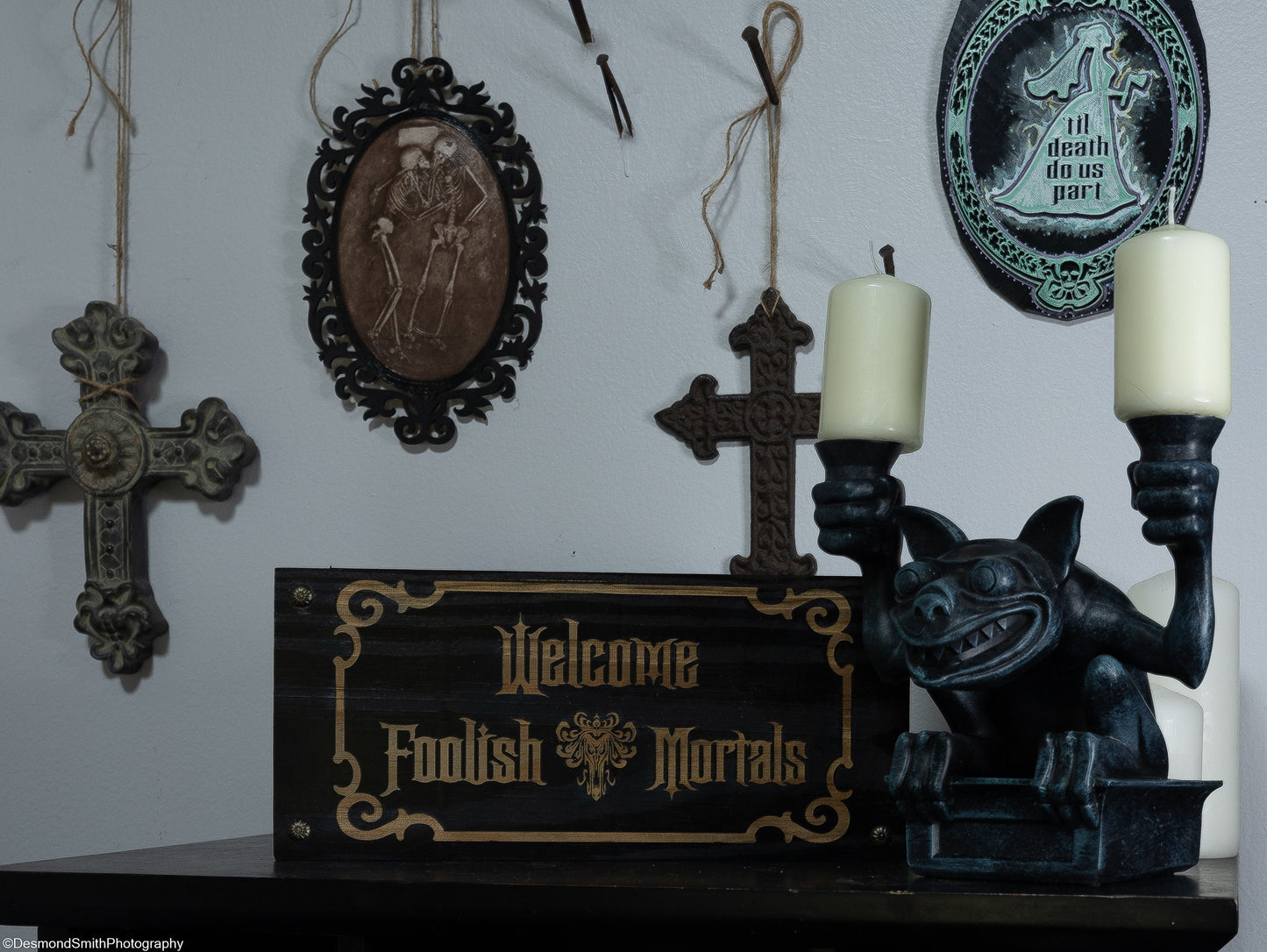 WELCOME FOOLISH MORTALS black solid wood wall & shelf decor inspired by the Haunted Mansion 12" x 5 1/2" x 5/8" Halloween Spooky Goth Eerie