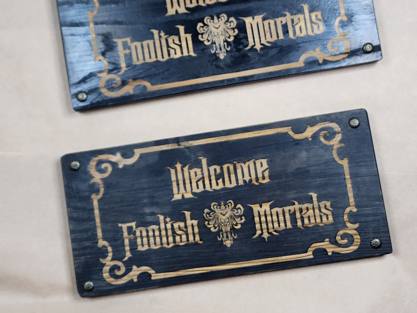 WELCOME FOOLISH MORTALS black solid wood wall & shelf decor inspired by the Haunted Mansion 12" x 5 1/2" x 5/8" Halloween Spooky Goth Eerie