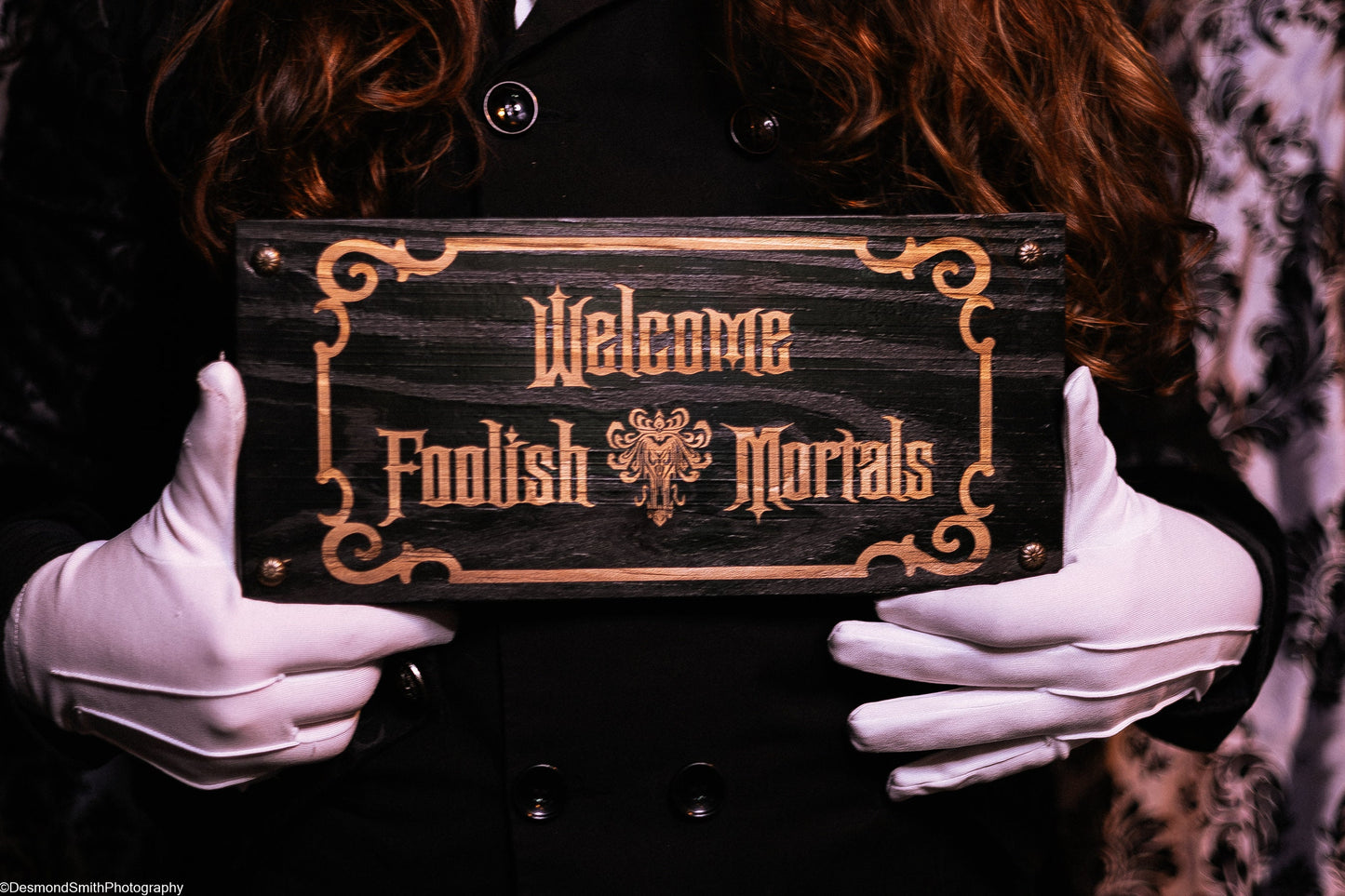 WELCOME FOOLISH MORTALS black solid wood wall & shelf decor inspired by the Haunted Mansion 12" x 5 1/2" x 5/8" Halloween Spooky Goth Eerie