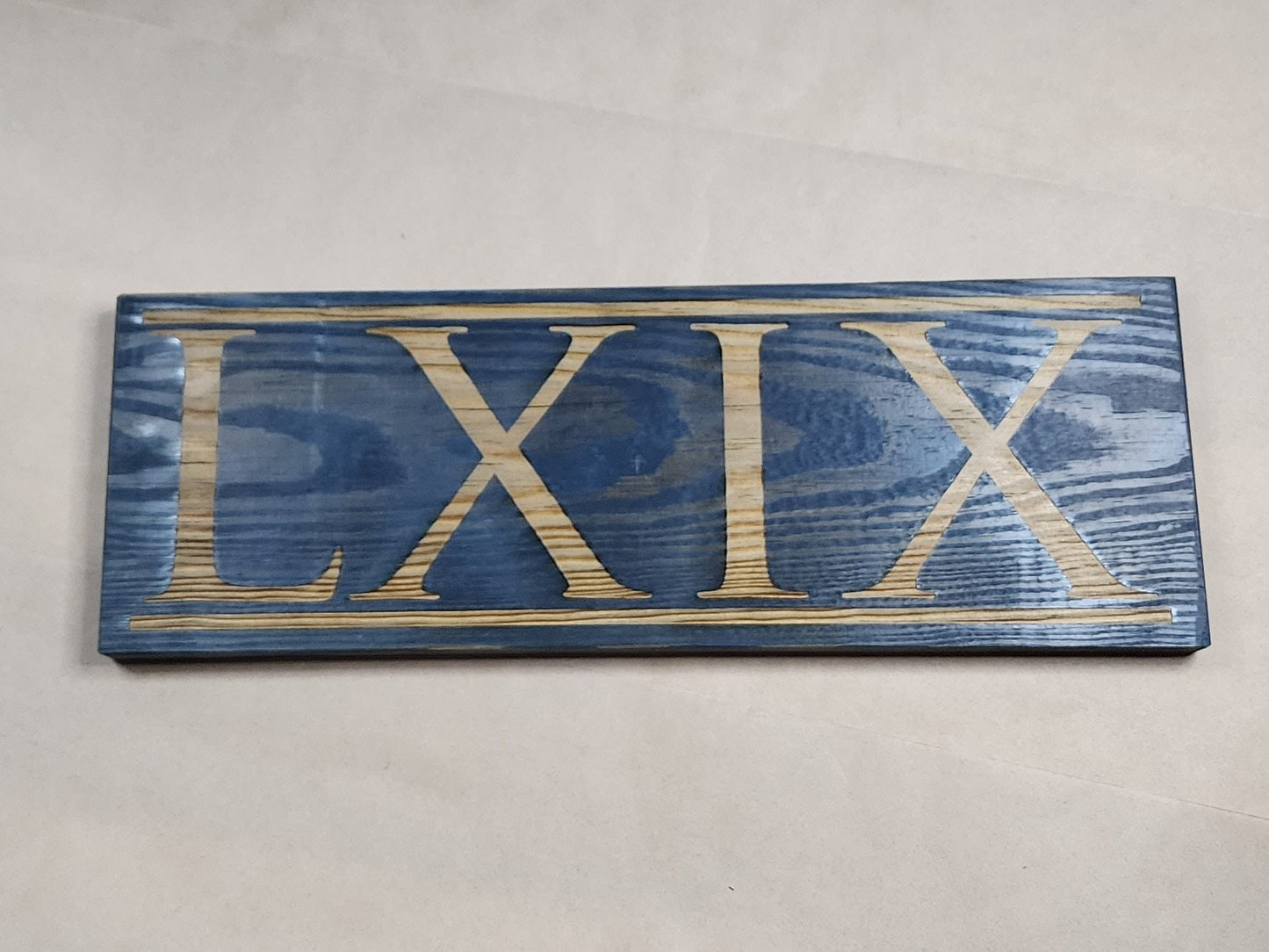 NICE! 69 LXIX dark blue stained solid wood wall & shelf decor inspired by Ancient Rome display this Roman numeral sixty-nine plaque proudly