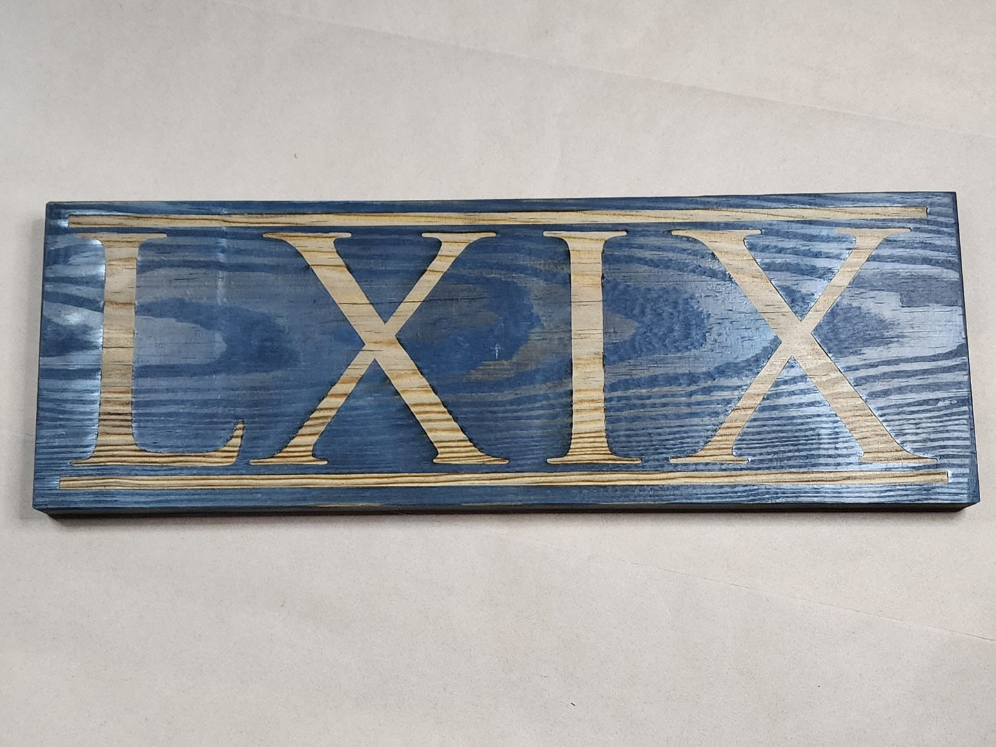 NICE! 69 LXIX dark blue stained solid wood wall & shelf decor inspired by Ancient Rome display this Roman numeral sixty-nine plaque proudly