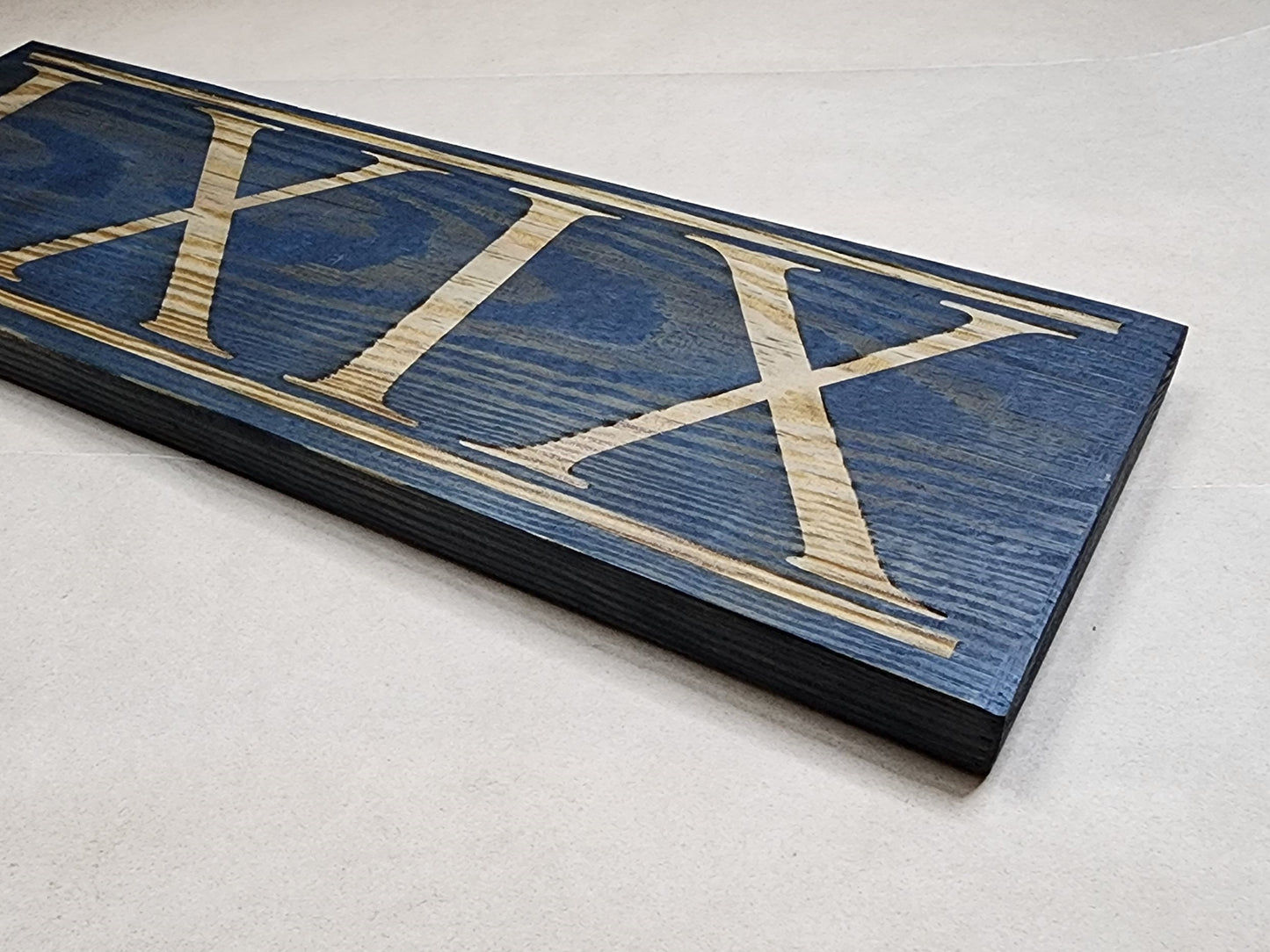 NICE! 69 LXIX dark blue stained solid wood wall & shelf decor inspired by Ancient Rome display this Roman numeral sixty-nine plaque proudly