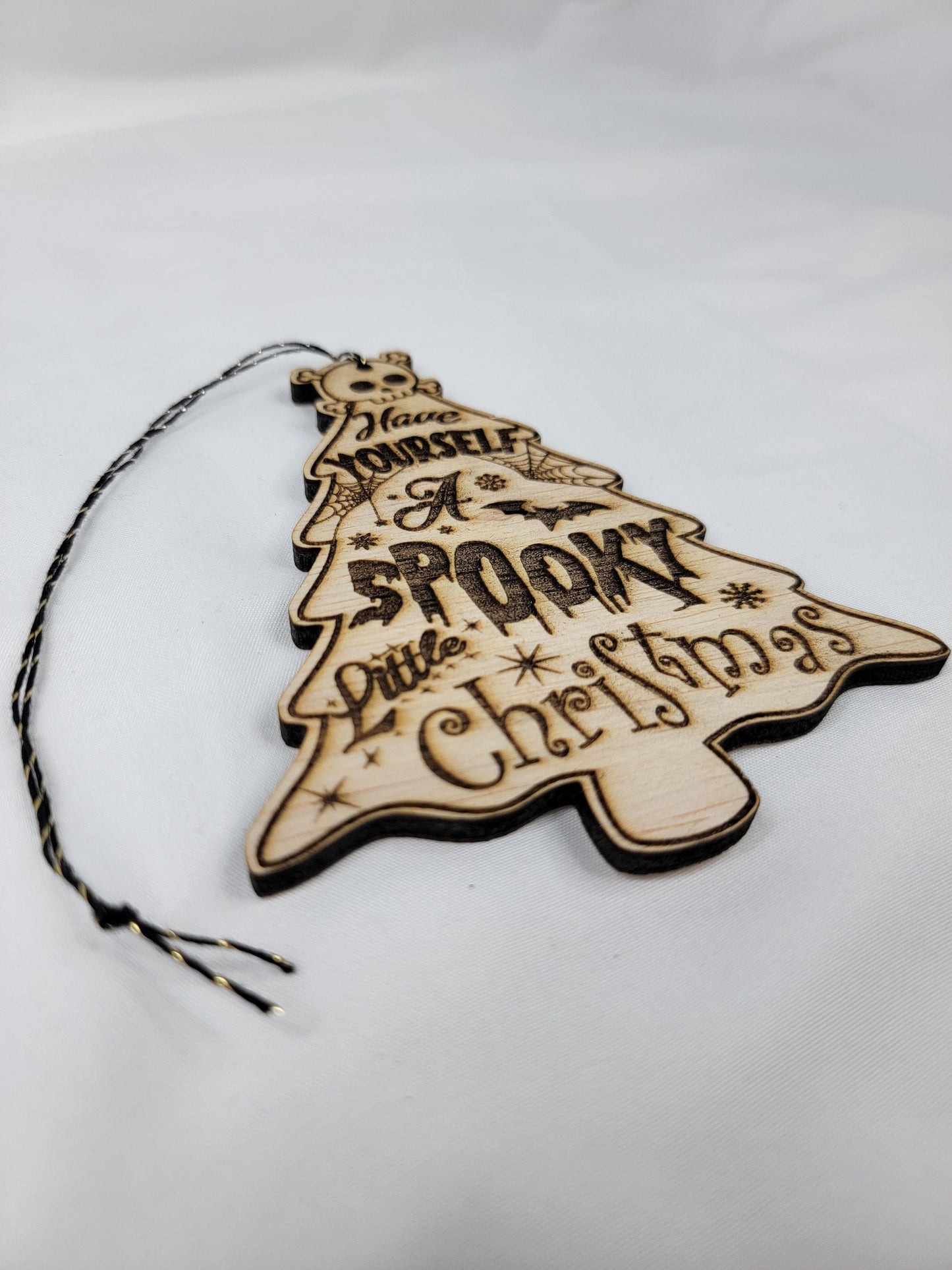 SPOOKY CHRISTMAS ORNAMENT Have Yourself a Spooky Little Christmas Natural Wood Spooky Christmas Tree Ornament with Spider Webs Bats & Skulls