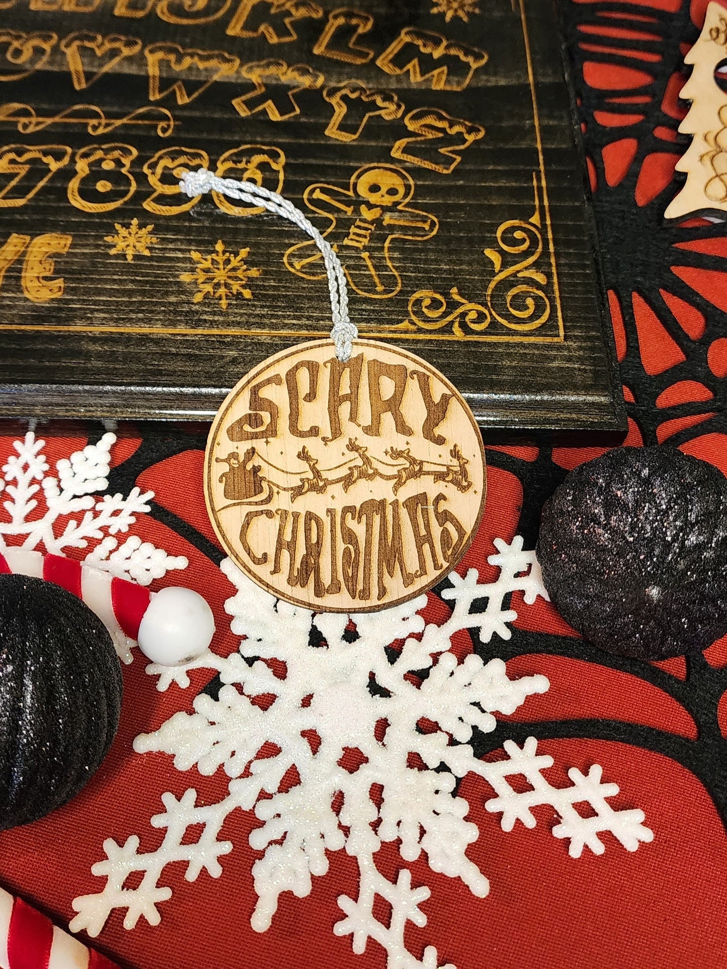 SCARY CHRISTMAS ORNAMENT Scary Christmas to All Small or Large Natural Wood Spooky Round Christmas Ornament Skeleton Santa & Reindeer Sleigh