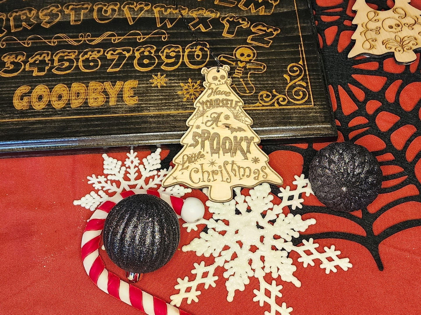SPOOKY CHRISTMAS ORNAMENT Have Yourself a Spooky Little Christmas Natural Wood Spooky Christmas Tree Ornament with Spider Webs Bats & Skulls