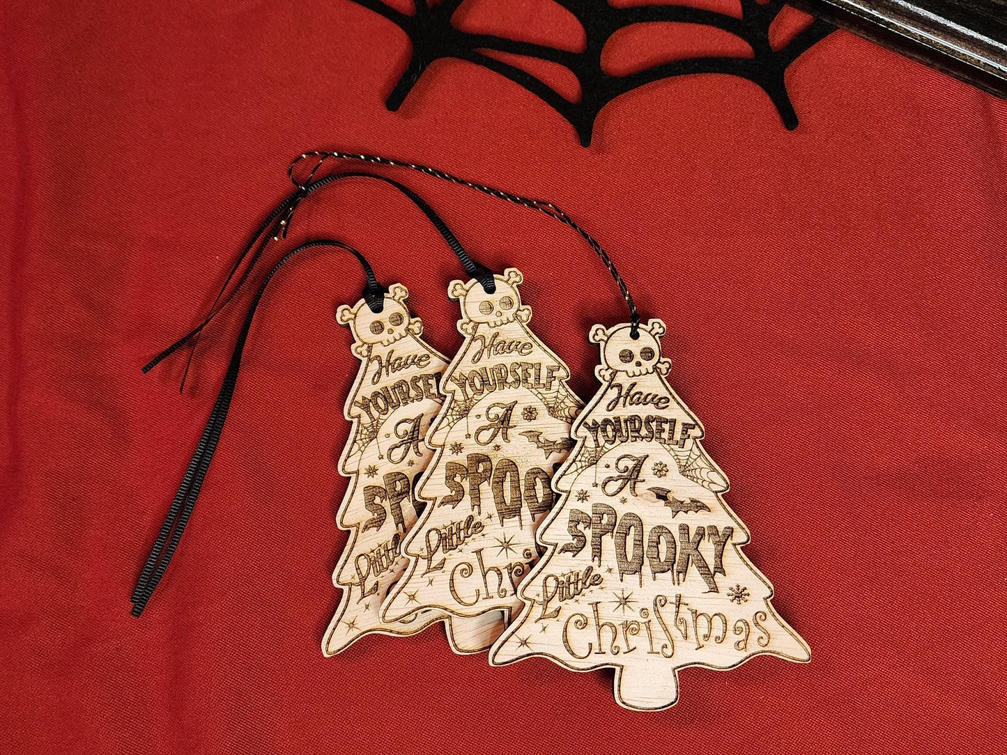 SPOOKY CHRISTMAS ORNAMENT Have Yourself a Spooky Little Christmas Natural Wood Spooky Christmas Tree Ornament with Spider Webs Bats & Skulls