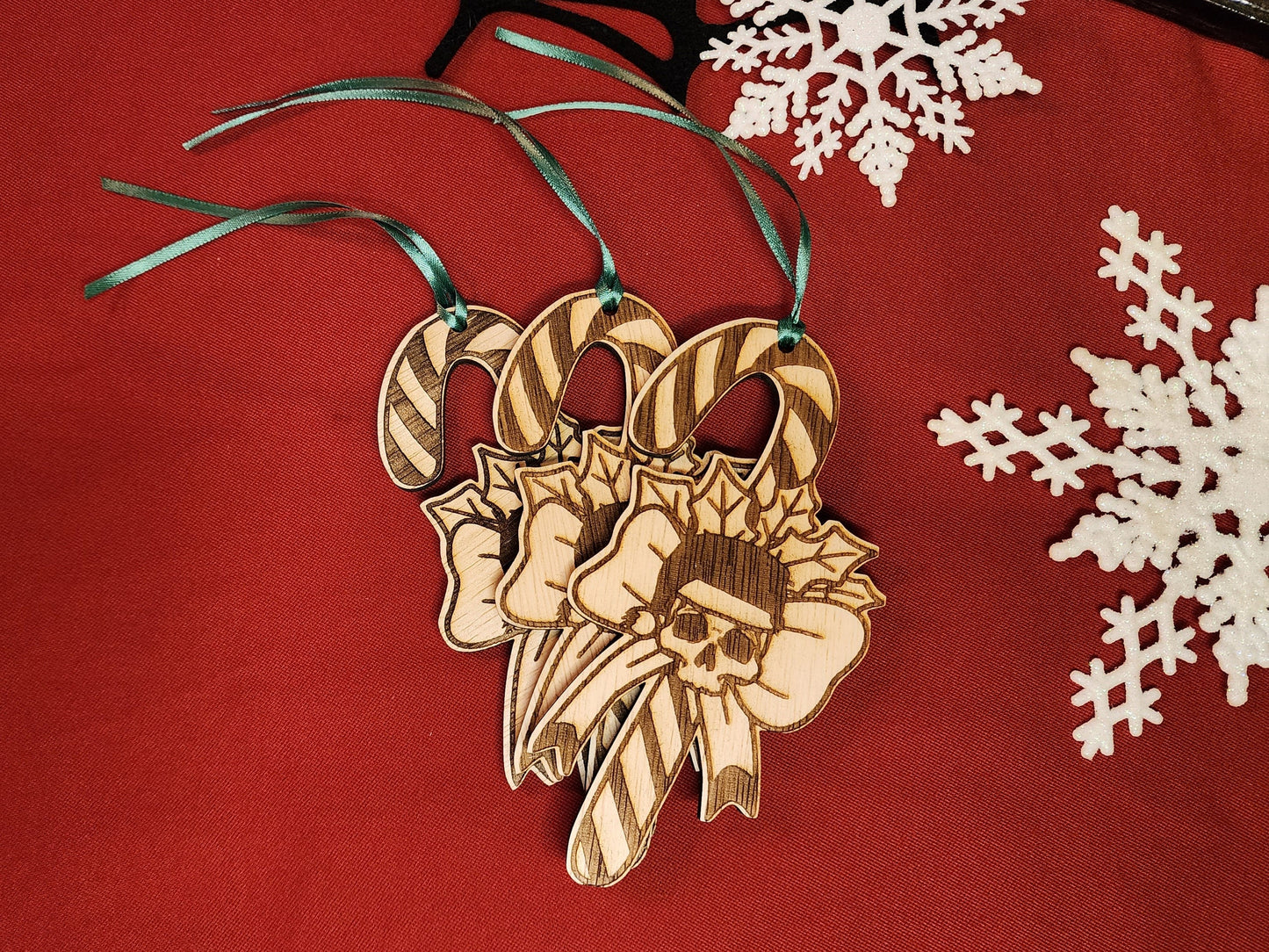SKULL CANDY CANE Christmas Ornament Spooky Scary Skeleton Christmastime Natural Wood Spooky Christmas Tree Ornament with Skull Holly & Bows