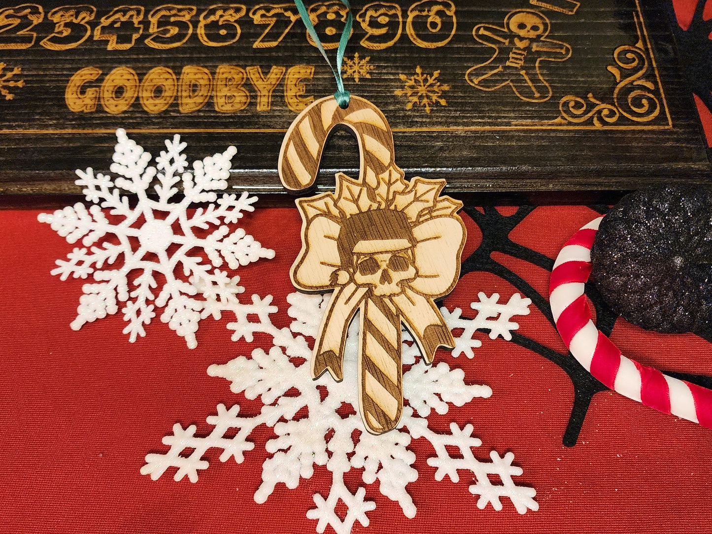SKULL CANDY CANE Christmas Ornament Spooky Scary Skeleton Christmastime Natural Wood Spooky Christmas Tree Ornament with Skull Holly & Bows