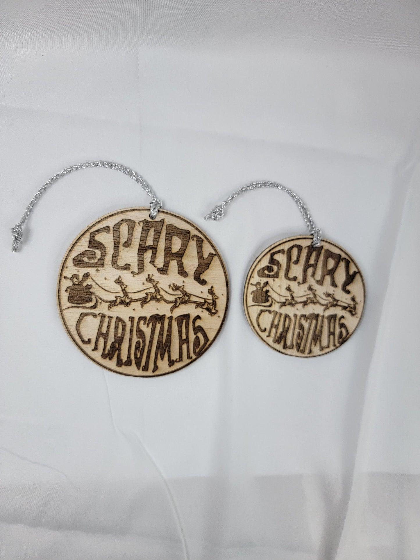SCARY CHRISTMAS ORNAMENT Scary Christmas to All Small or Large Natural Wood Spooky Round Christmas Ornament Skeleton Santa & Reindeer Sleigh