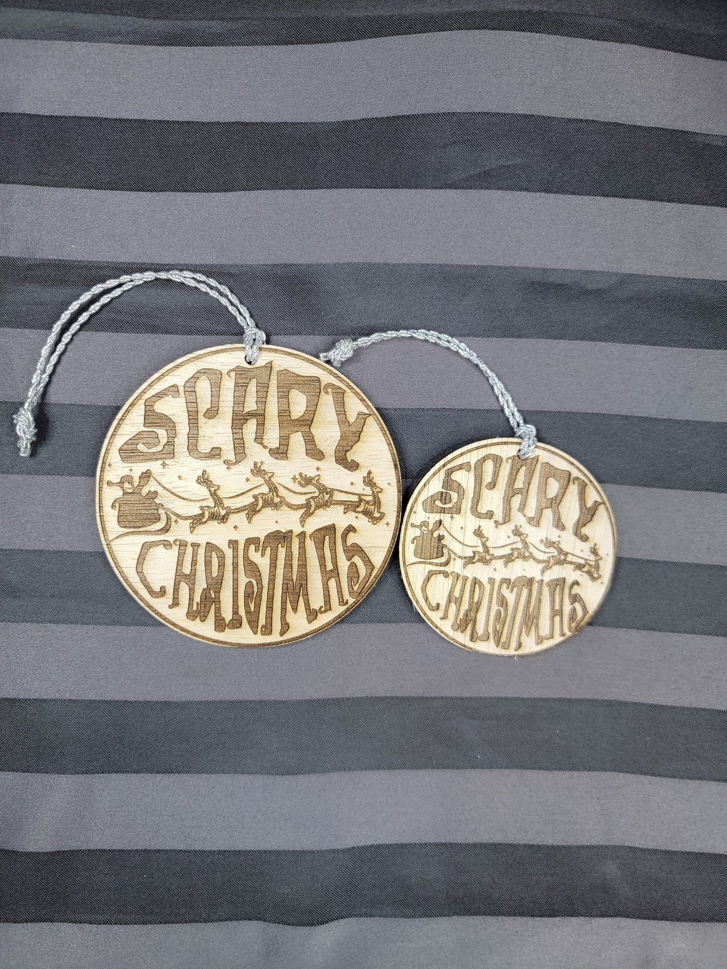 SCARY CHRISTMAS ORNAMENT Scary Christmas to All Small or Large Natural Wood Spooky Round Christmas Ornament Skeleton Santa & Reindeer Sleigh