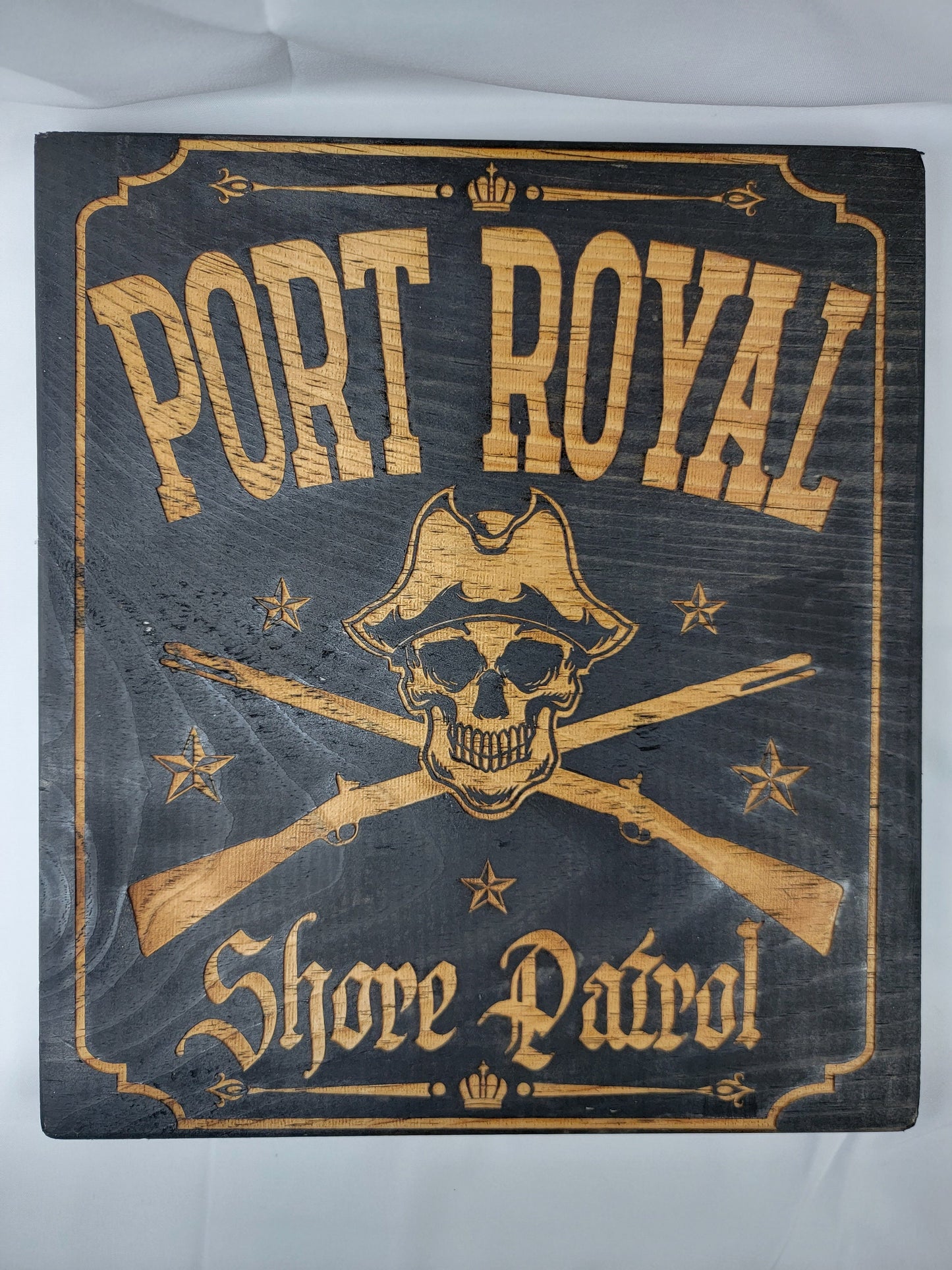 PORT ROYAL Shore PATROL black stained solid wood wall & shelf decor inspired by the once great Jamaican city home of Privateers and Pirates