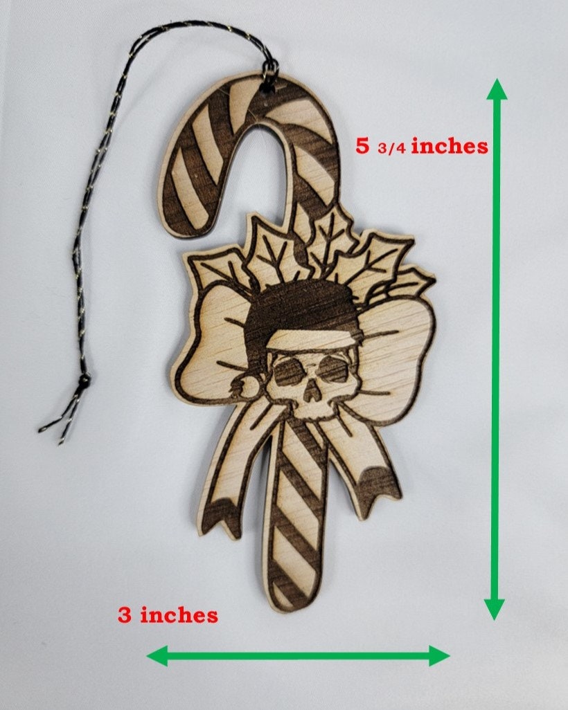 SKULL CANDY CANE Christmas Ornament Spooky Scary Skeleton Christmastime Natural Wood Spooky Christmas Tree Ornament with Skull Holly & Bows