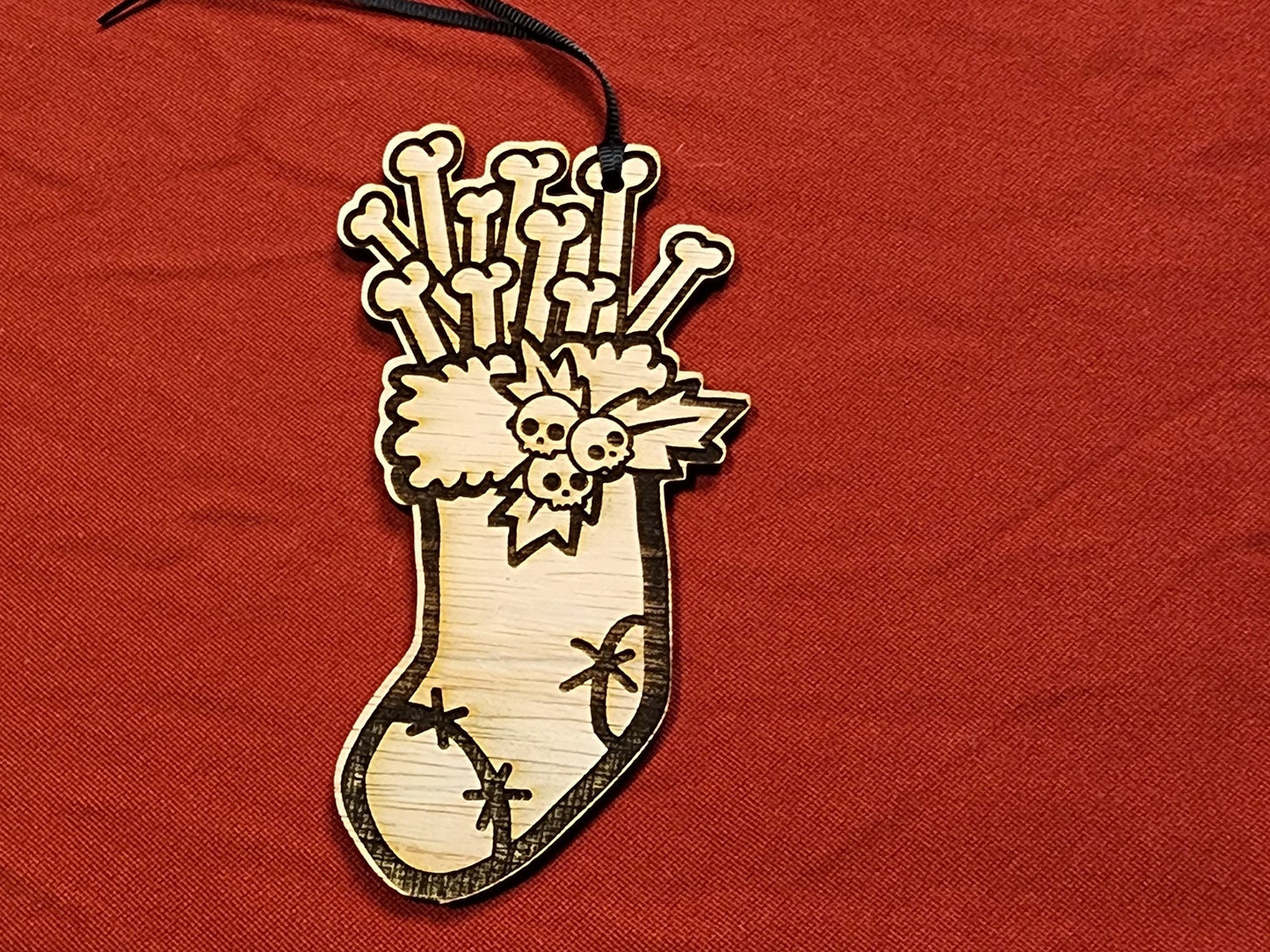 SPOOKY STOCKING Full of BONES Christmas Ornament Creepy Cute Skulls with Bones & Holly Natural Wood Spooky Christmas Tree Ornament Creepmas