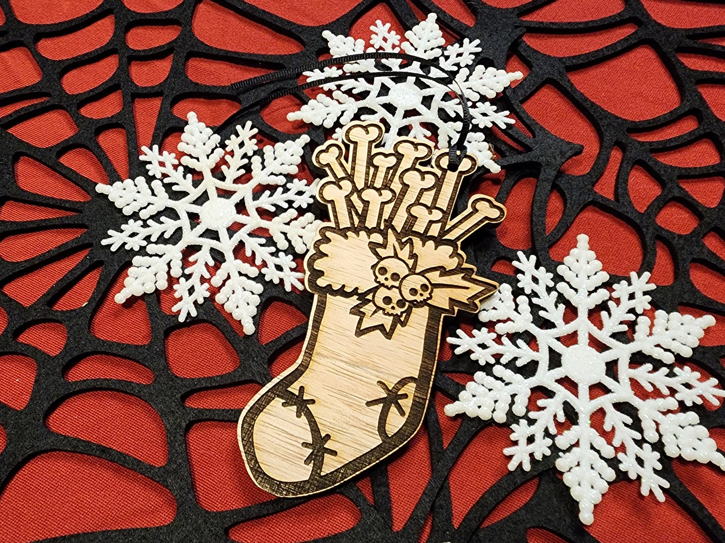 SPOOKY STOCKING Full of BONES Christmas Ornament Creepy Cute Skulls with Bones & Holly Natural Wood Spooky Christmas Tree Ornament Creepmas