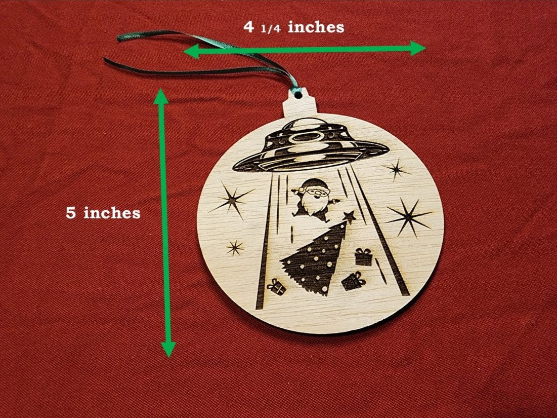 UFO ABDUCTS SANTA Funny Christmas Ornament Shows Santa a Christmas Tree & Presents Being Beamed Up Into An Alien Spacecraft Flying Saucer