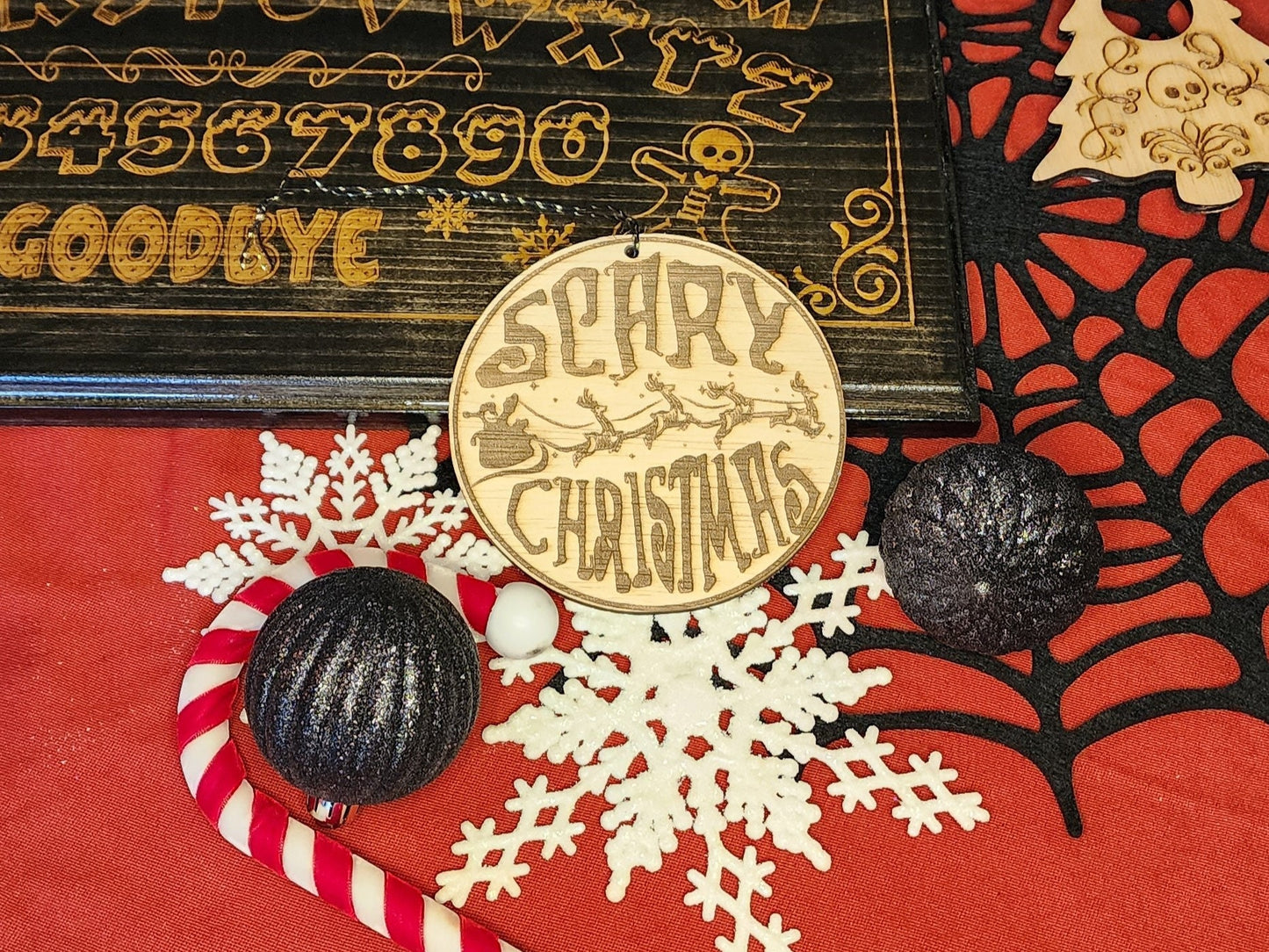 SCARY CHRISTMAS ORNAMENT Scary Christmas to All Small or Large Natural Wood Spooky Round Christmas Ornament Skeleton Santa & Reindeer Sleigh