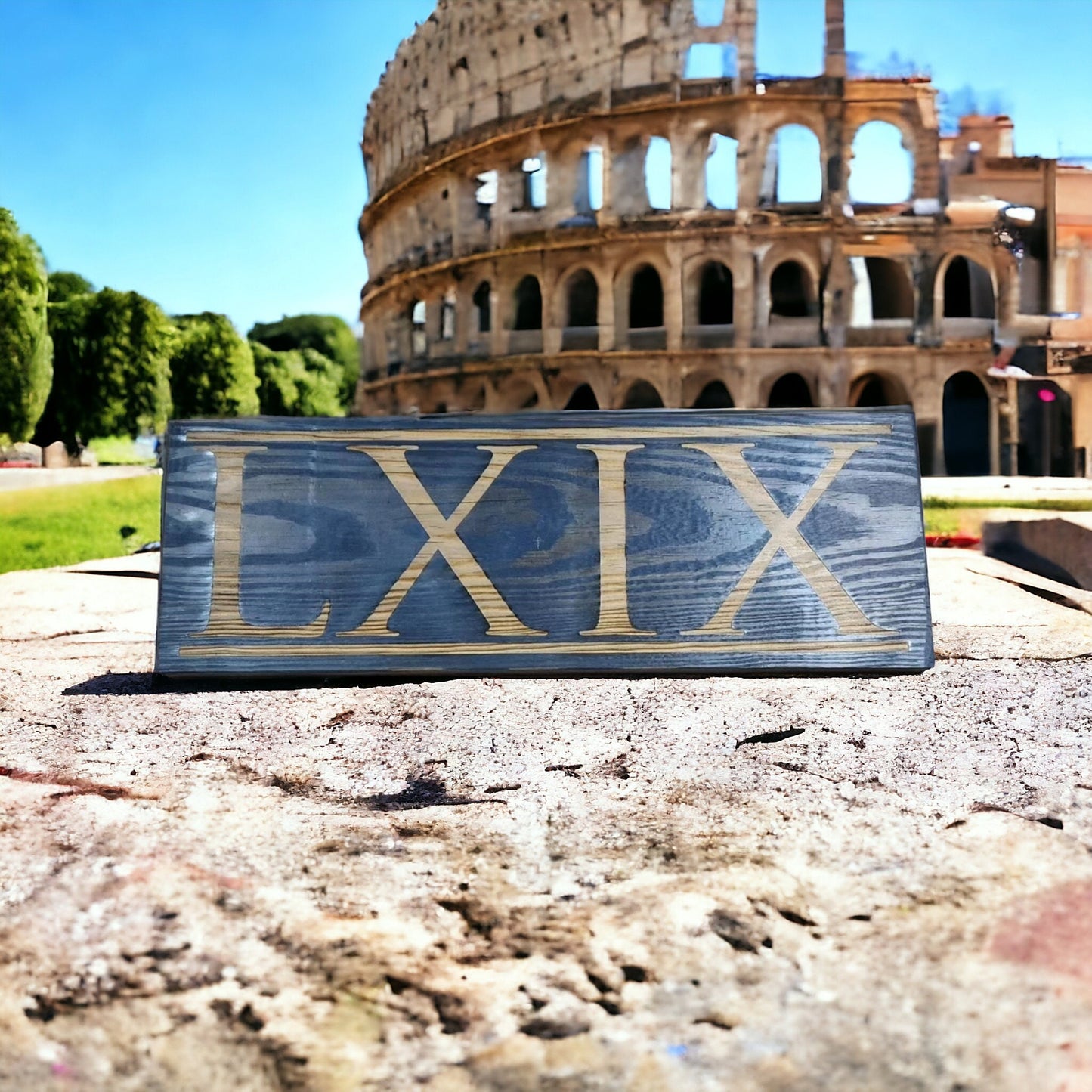 NICE! 69 LXIX dark blue stained solid wood wall & shelf decor inspired by Ancient Rome display this Roman numeral sixty-nine plaque proudly