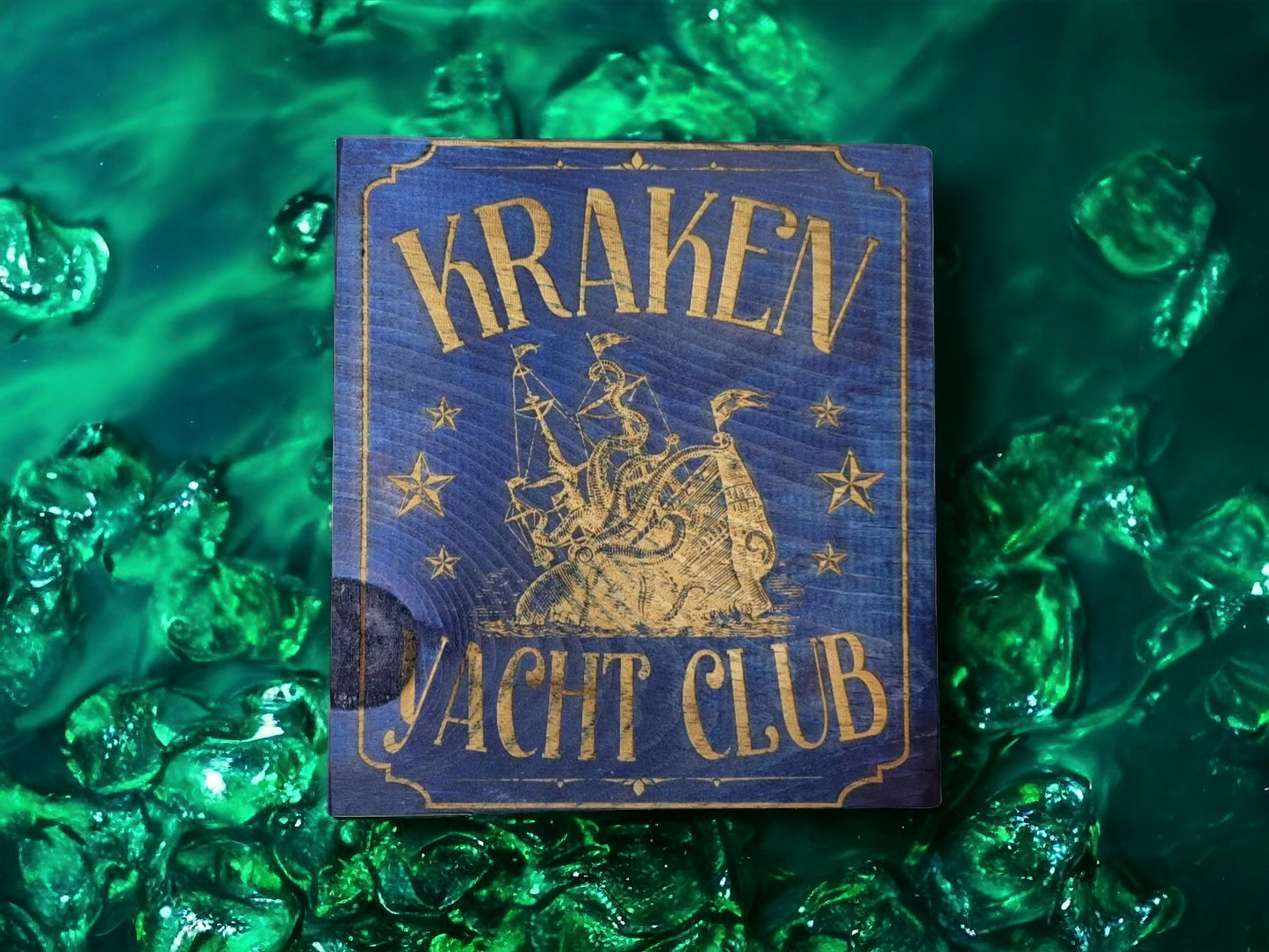 KRAKEN YACHT CLUB blue stained solid wood wall & shelf decor inspired by Scandinavian folklore display this nautical themed plaque proudly