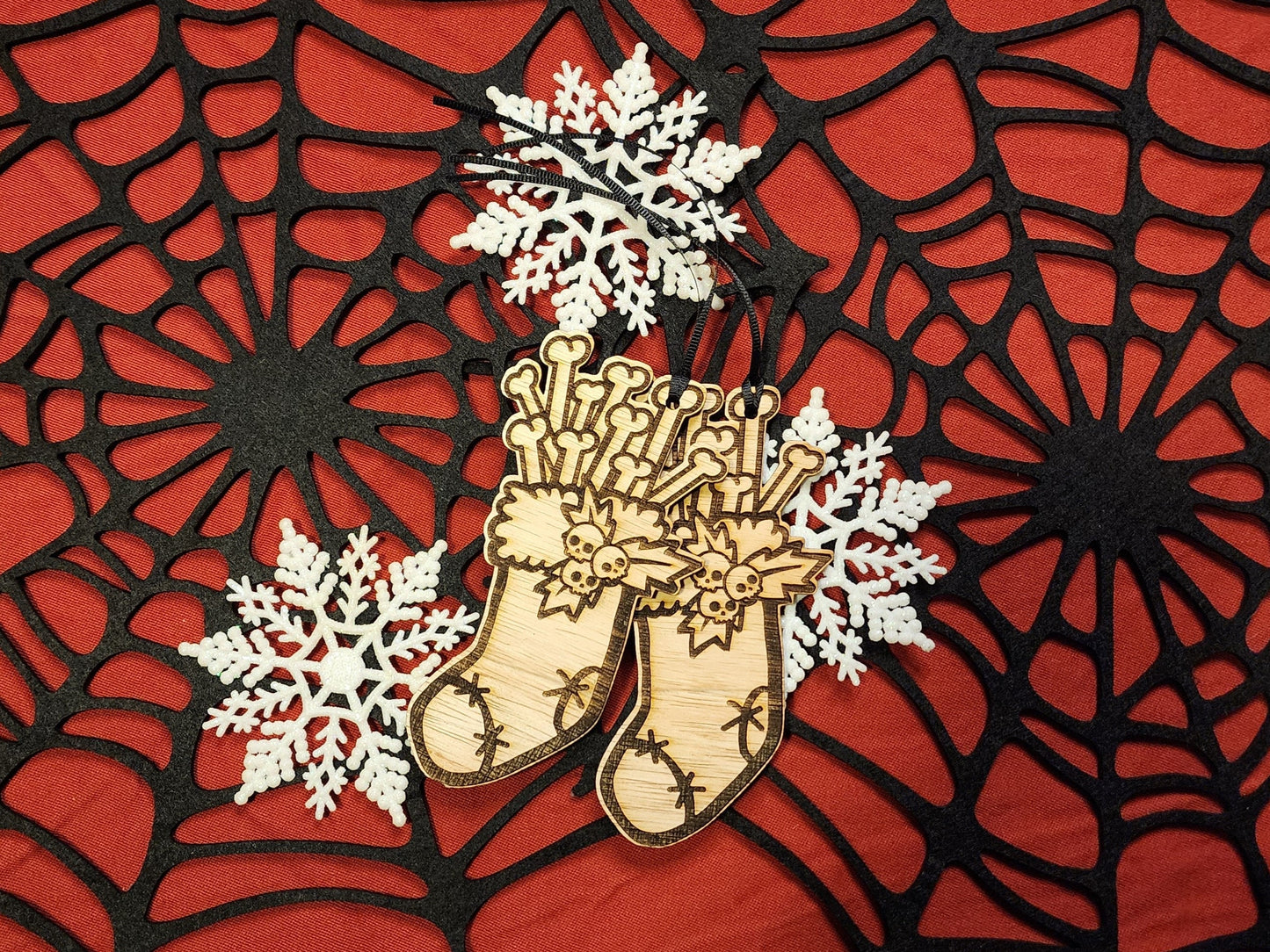 SPOOKY STOCKING Full of BONES Christmas Ornament Creepy Cute Skulls with Bones & Holly Natural Wood Spooky Christmas Tree Ornament Creepmas