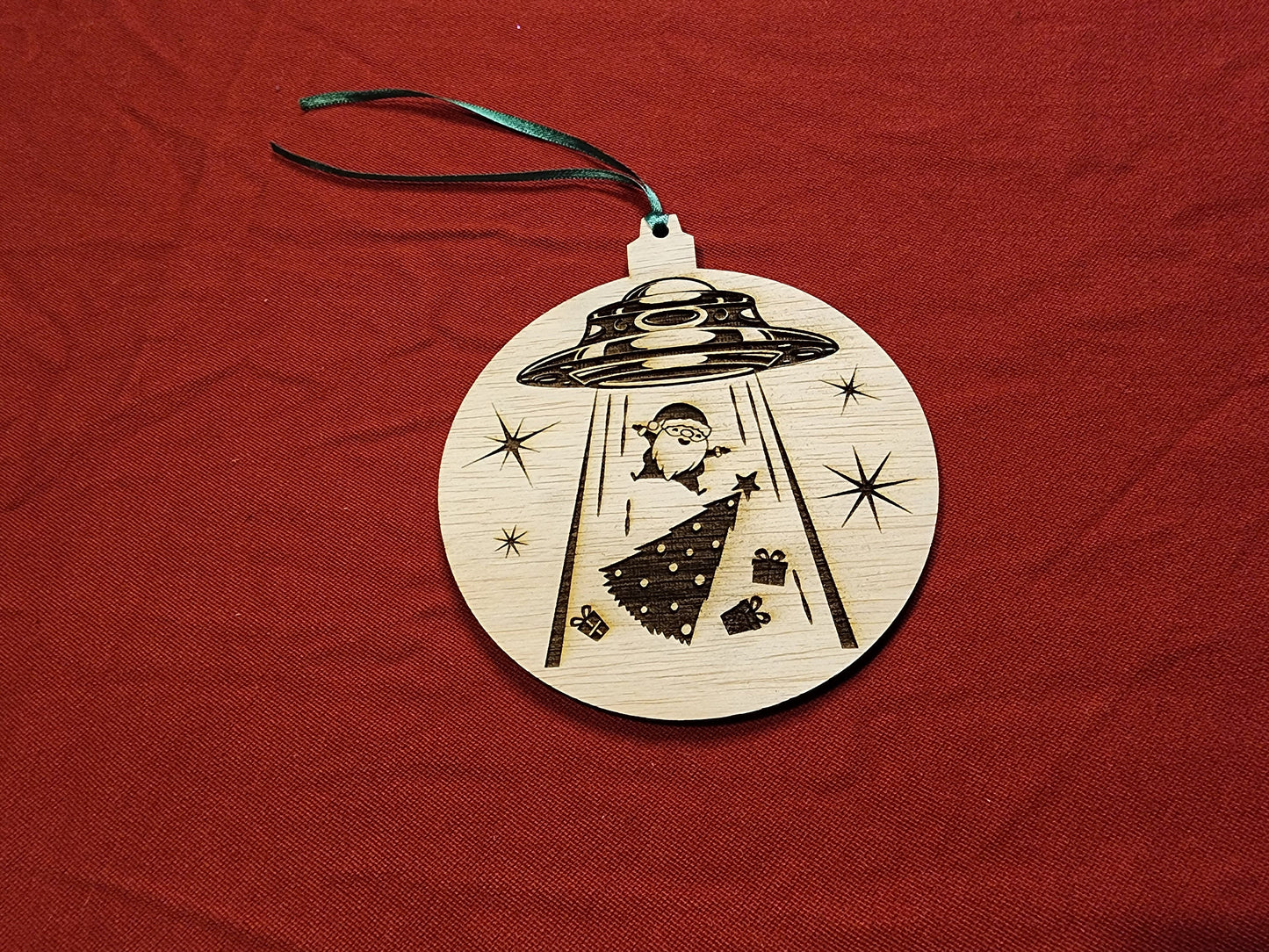 UFO ABDUCTS SANTA Funny Christmas Ornament Shows Santa a Christmas Tree & Presents Being Beamed Up Into An Alien Spacecraft Flying Saucer