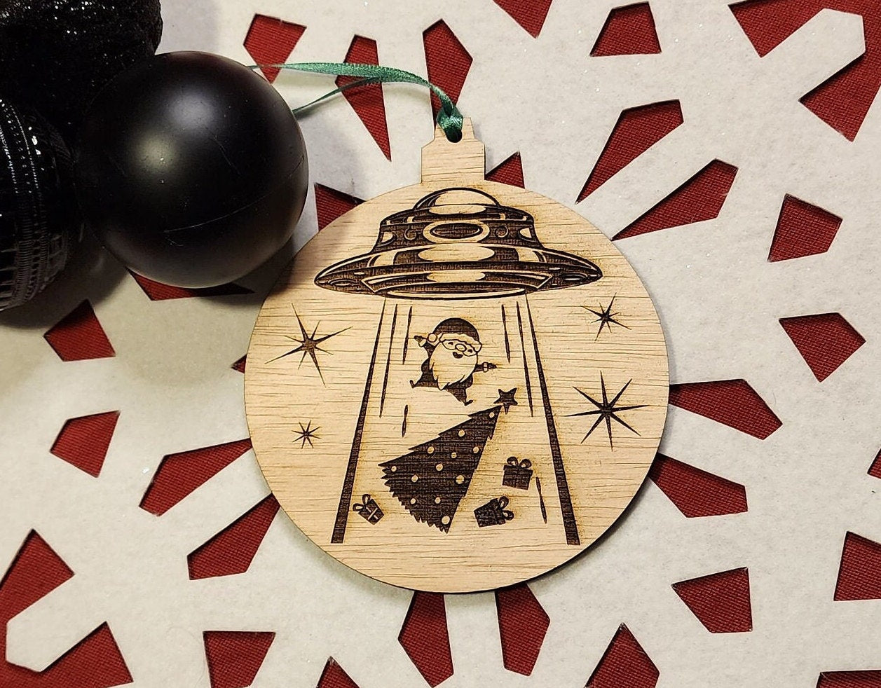UFO ABDUCTS SANTA Funny Christmas Ornament Shows Santa a Christmas Tree & Presents Being Beamed Up Into An Alien Spacecraft Flying Saucer