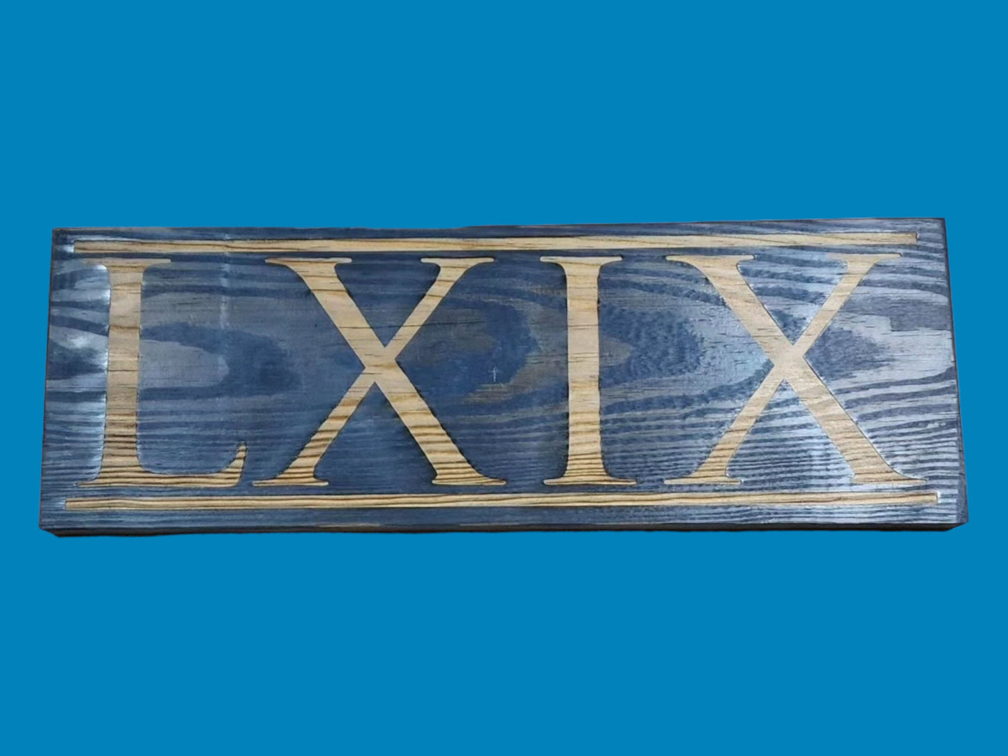 NICE! 69 LXIX dark blue stained solid wood wall & shelf decor inspired by Ancient Rome display this Roman numeral sixty-nine plaque proudly