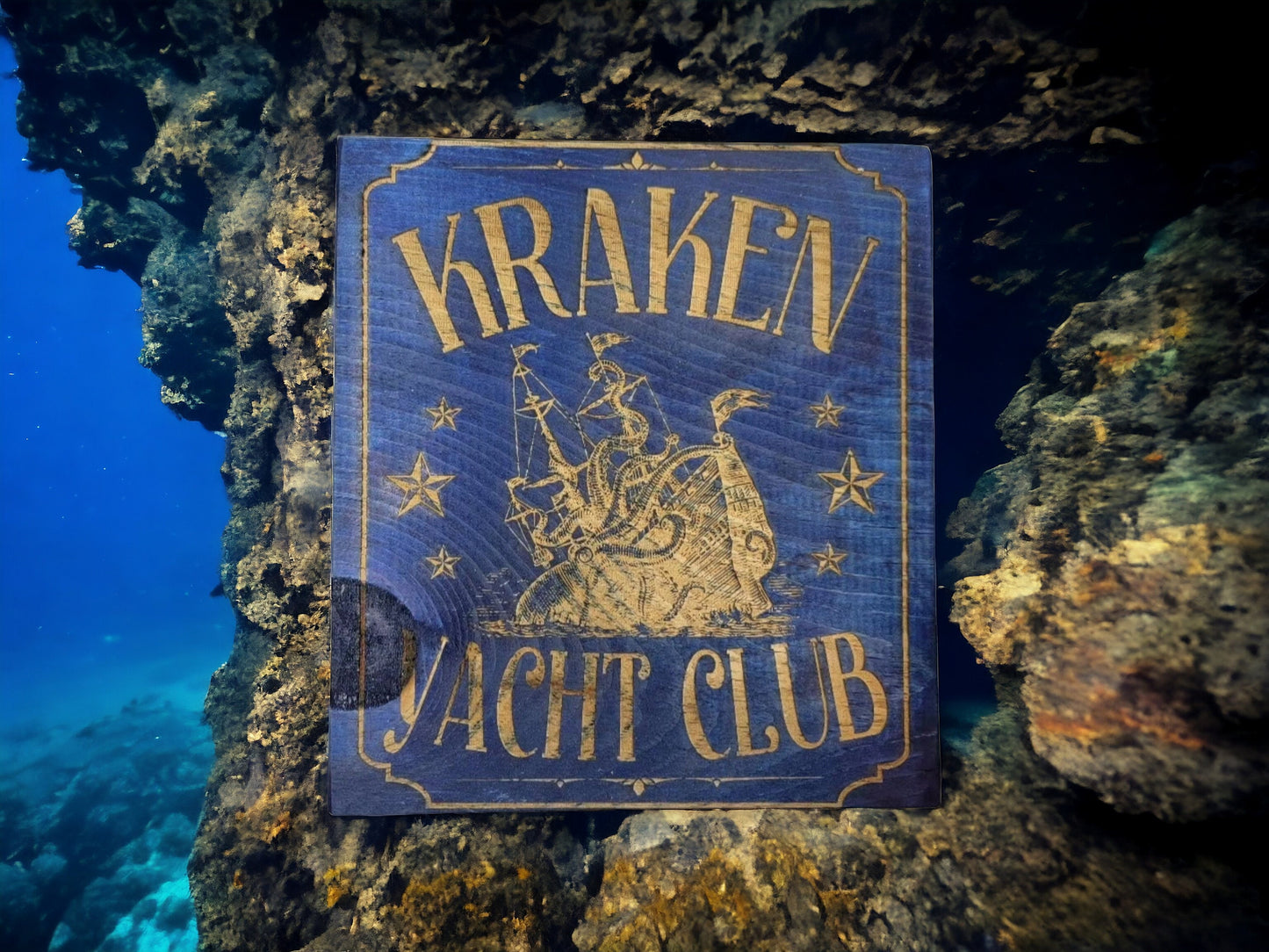 KRAKEN YACHT CLUB blue stained solid wood wall & shelf decor inspired by Scandinavian folklore display this nautical themed plaque proudly
