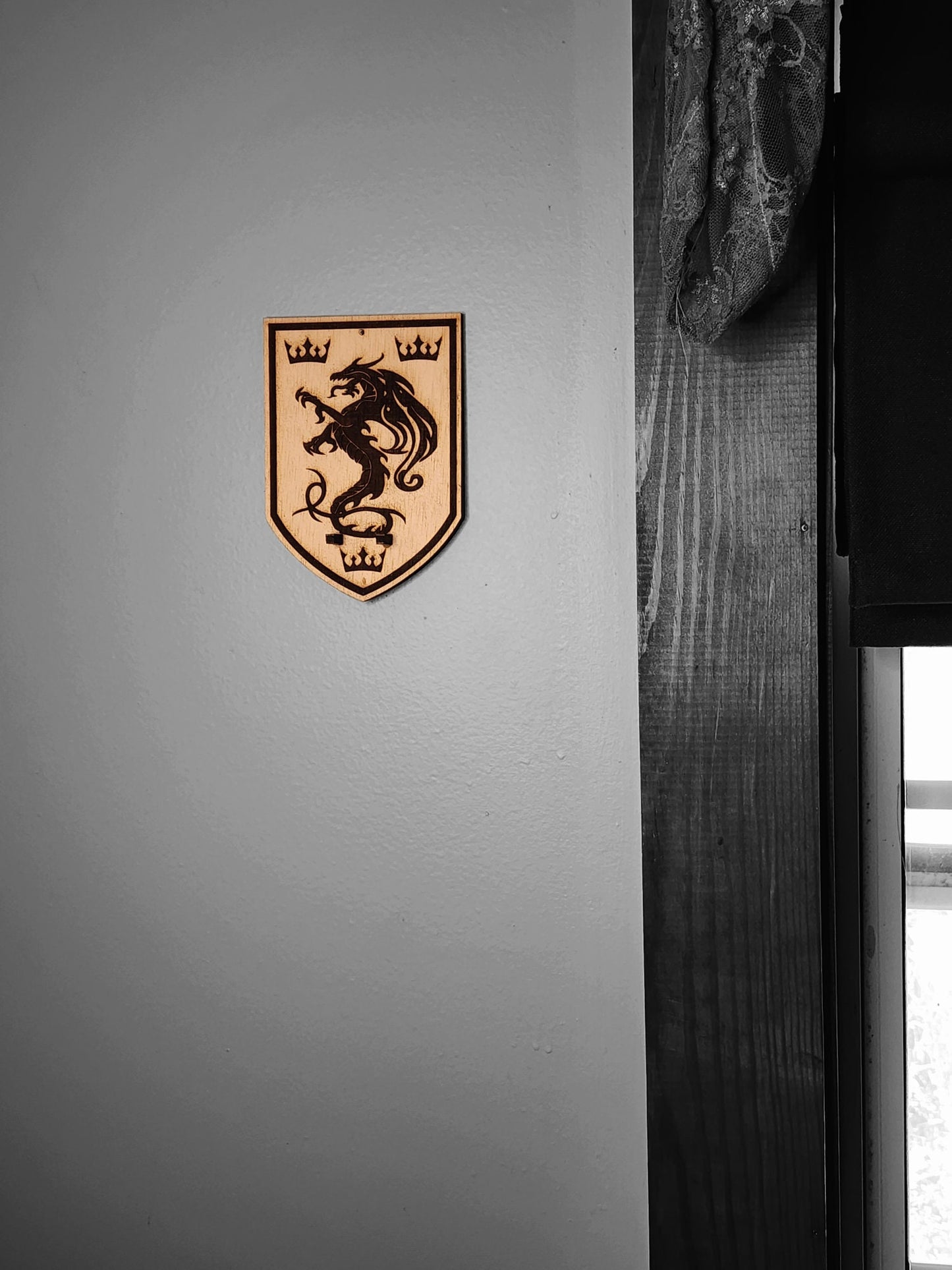 WALL MOUNT for your EGGSCALIBUR Wooden Cooking Spoon Mount Looks Like a Shield with Heraldry Features a Dragon & Three Crowns King Arthur