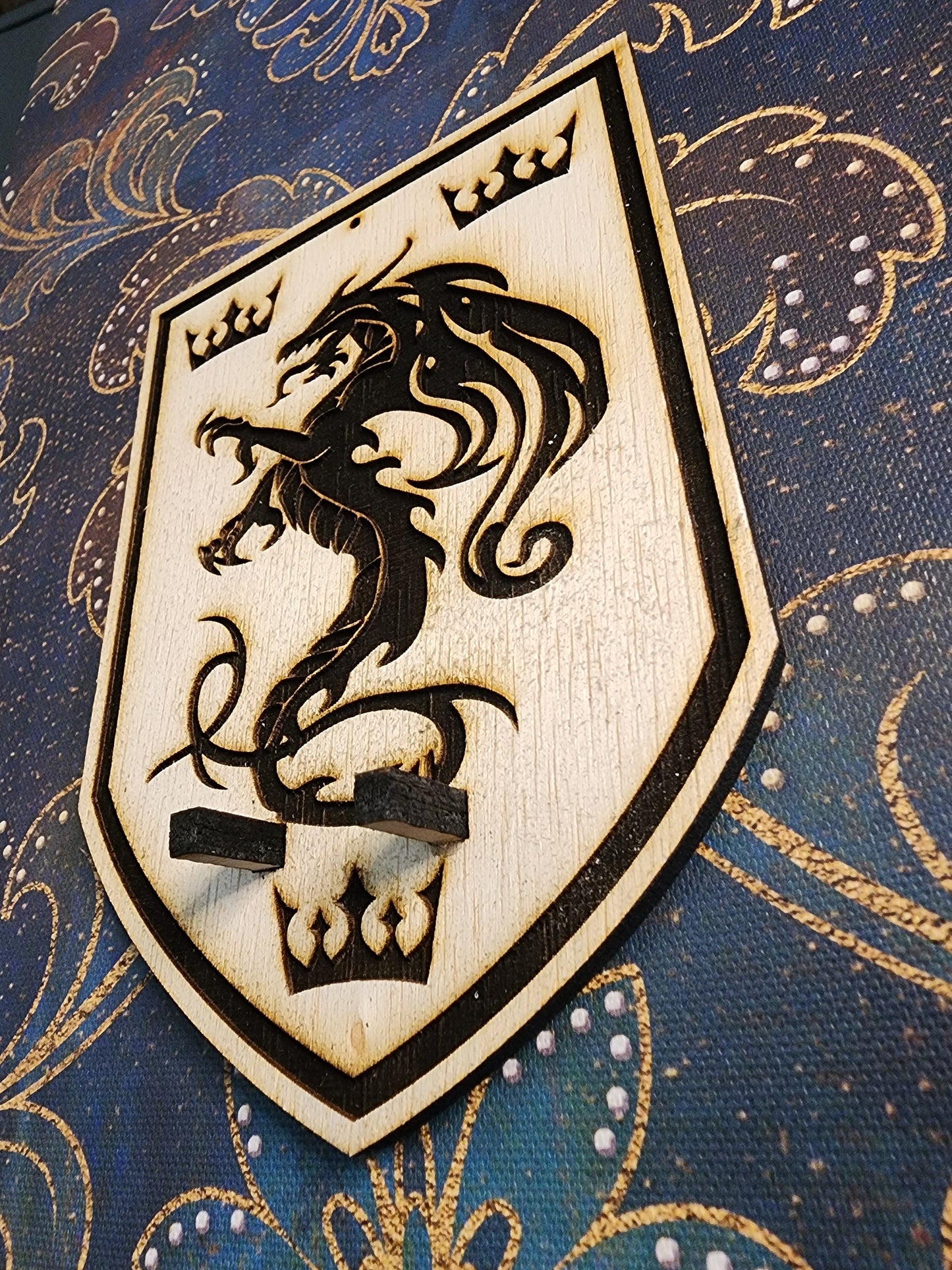 WALL MOUNT for your EGGSCALIBUR Wooden Cooking Spoon Mount Looks Like a Shield with Heraldry Features a Dragon & Three Crowns King Arthur