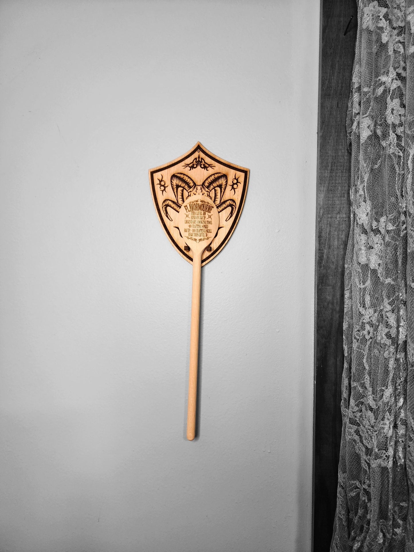 WALL MOUNT for your FLAVORMOURNE Wooden Cooking Spoon Mount Looks Like a Shield with a Horned Skull Legendary World of Warcraft Weapon Item
