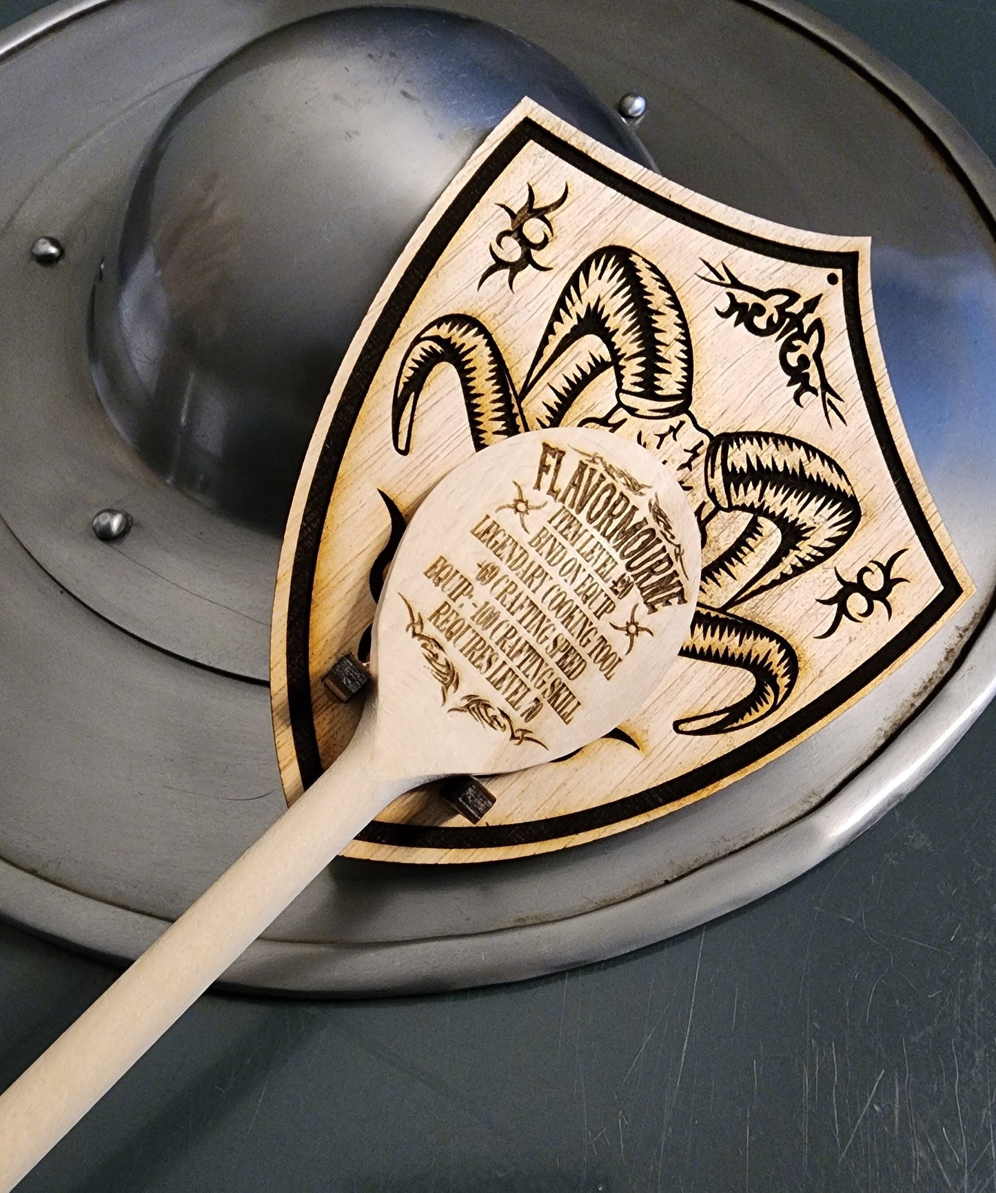 WALL MOUNT for your FLAVORMOURNE Wooden Cooking Spoon Mount Looks Like a Shield with a Horned Skull Legendary World of Warcraft Weapon Item