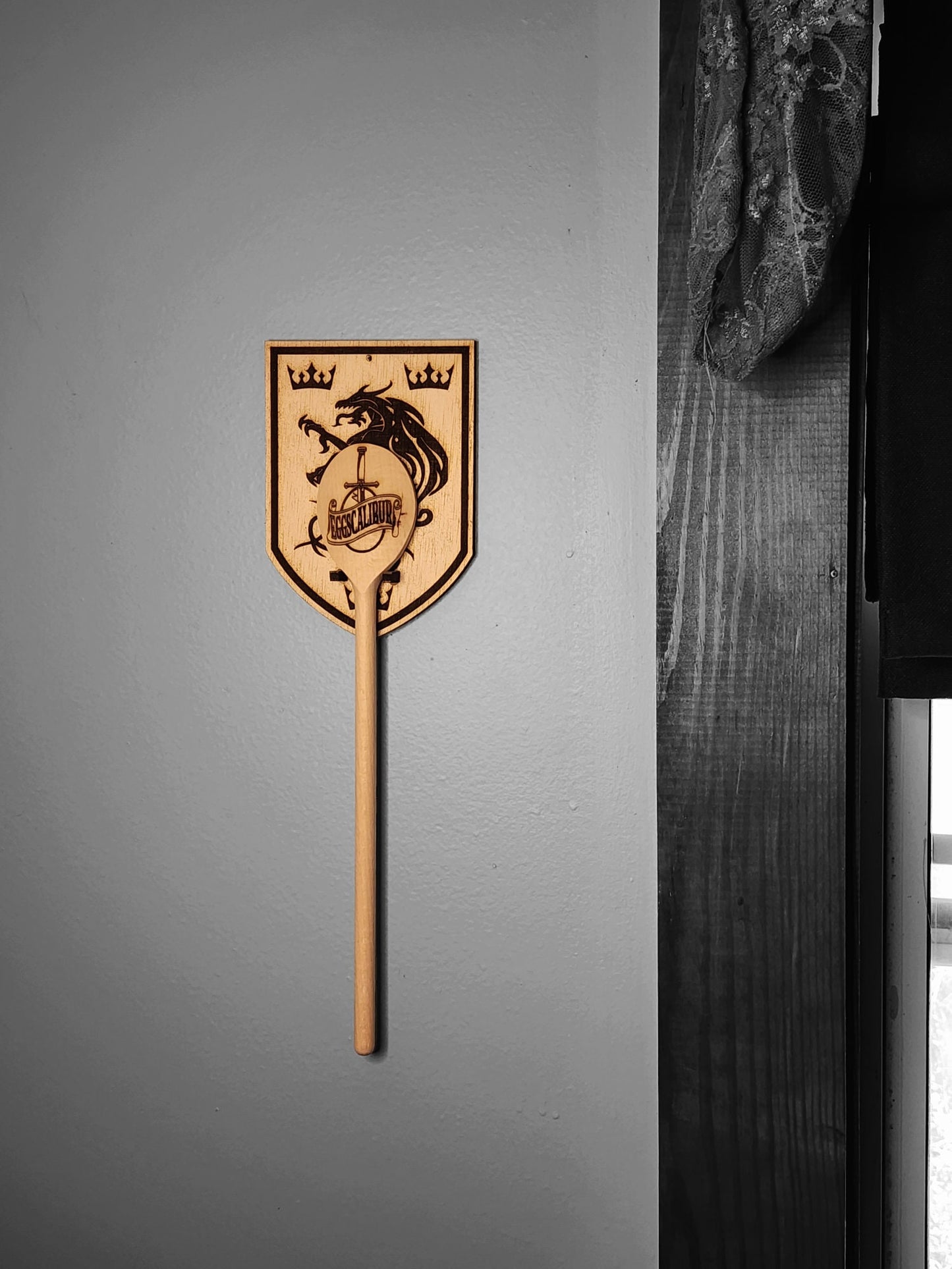 WALL MOUNT for your EGGSCALIBUR Wooden Cooking Spoon Mount Looks Like a Shield with Heraldry Features a Dragon & Three Crowns King Arthur