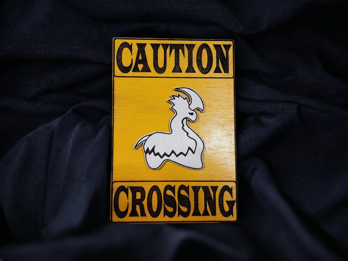 CAUTION THRUMBO CROSSING painted wood wall & shelf decor classic caution sign inspired by Rimworld Colony Sim Video Game