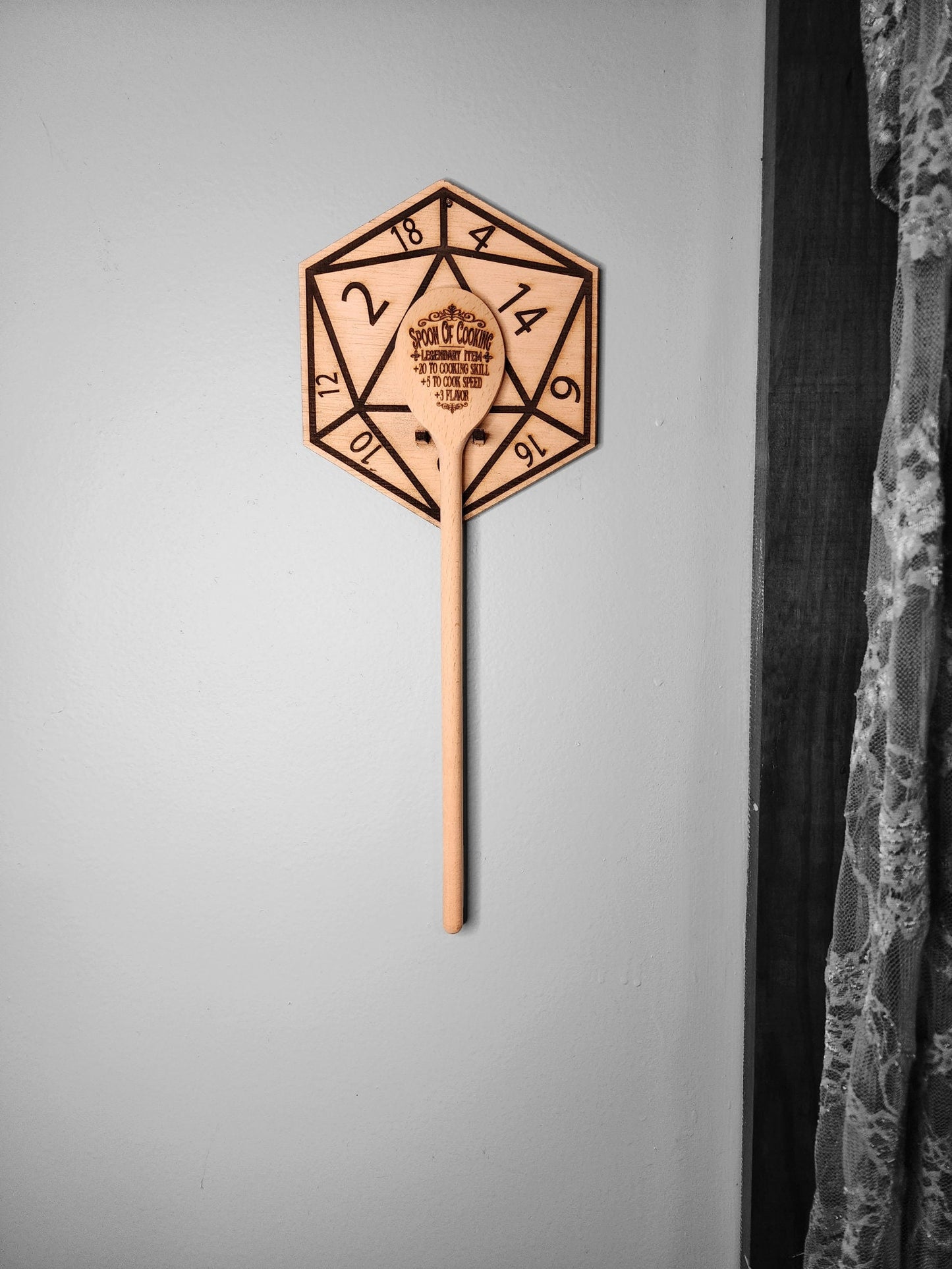 WALL MOUNT for your SPOON of Cooking Magical Item Wooden Spoon Mount Looks Like a 20 Sided Die Dungeons and Dragons Tabletop Fantasy Game
