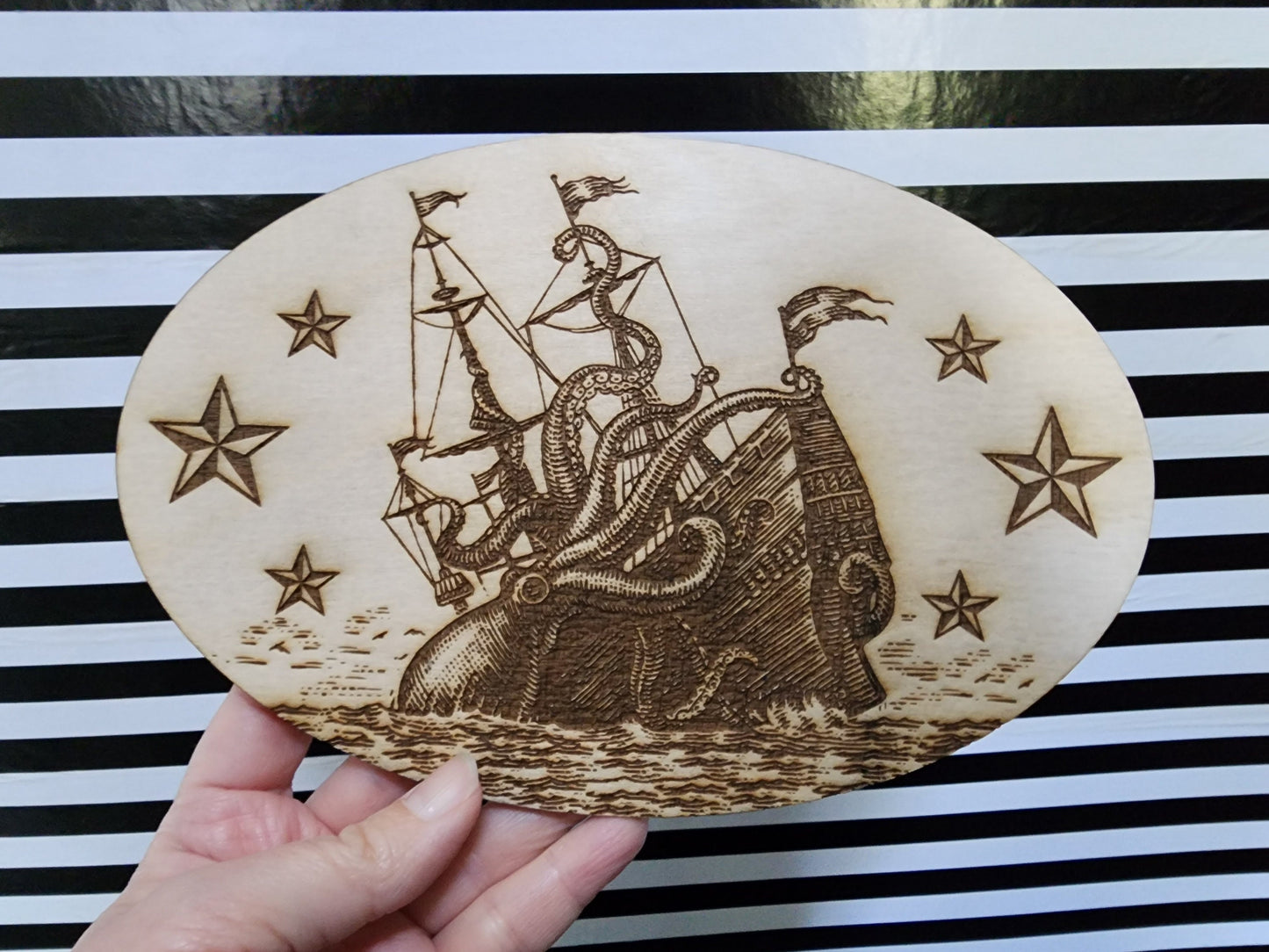 LASER CUT WOOD Kraken Attack Ship Nautical Pirate Embellishment Applique for Decorating & Wood Crafts | Made in the United States of America