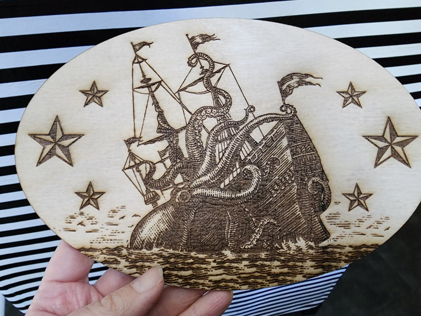 LASER CUT WOOD Kraken Attack Ship Nautical Pirate Embellishment Applique for Decorating & Wood Crafts | Made in the United States of America