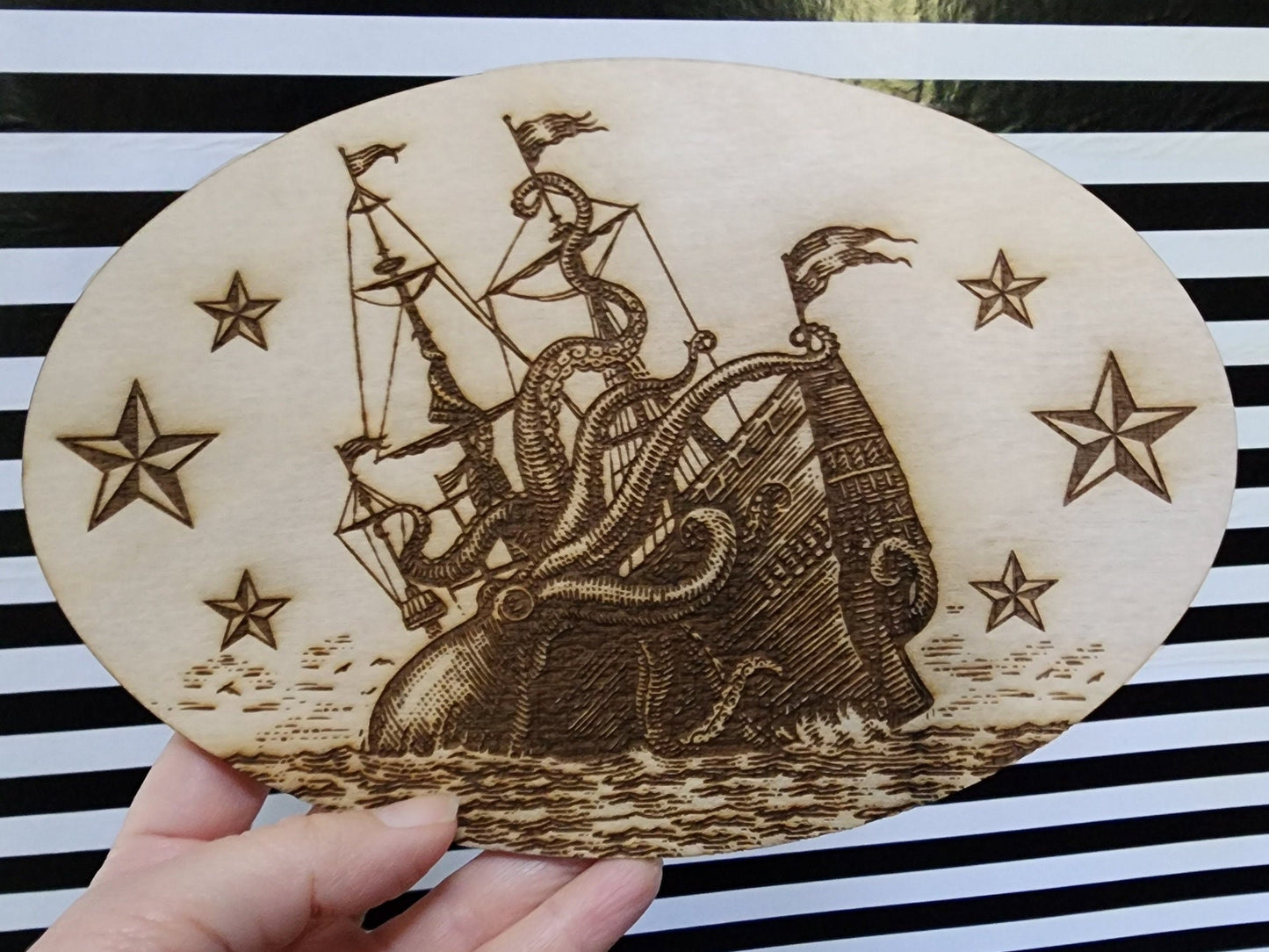 LASER CUT WOOD Kraken Attack Ship Nautical Pirate Embellishment Applique for Decorating & Wood Crafts | Made in the United States of America