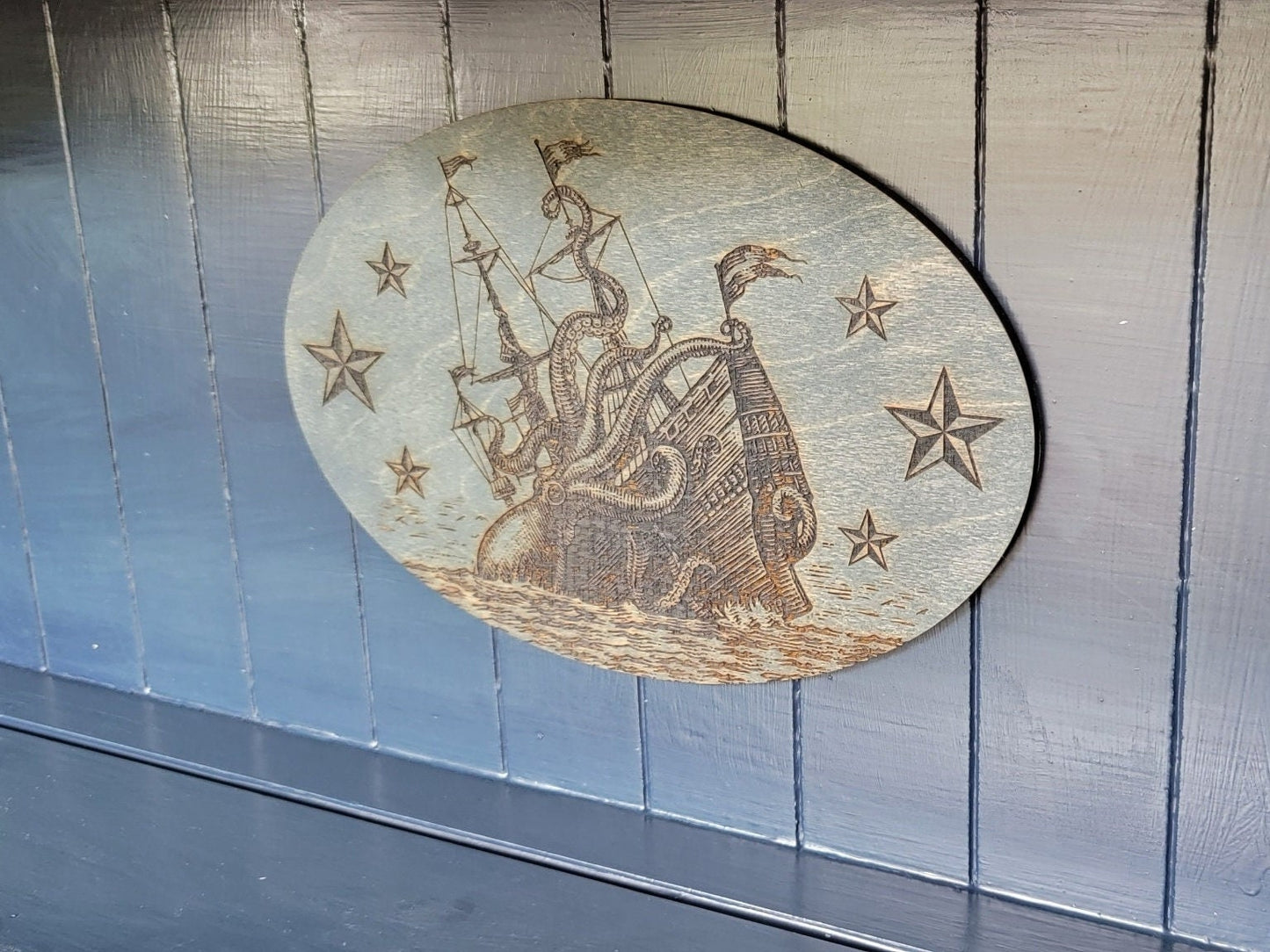 LASER CUT WOOD Kraken Attack Ship Nautical Pirate Embellishment Applique for Decorating & Wood Crafts | Made in the United States of America