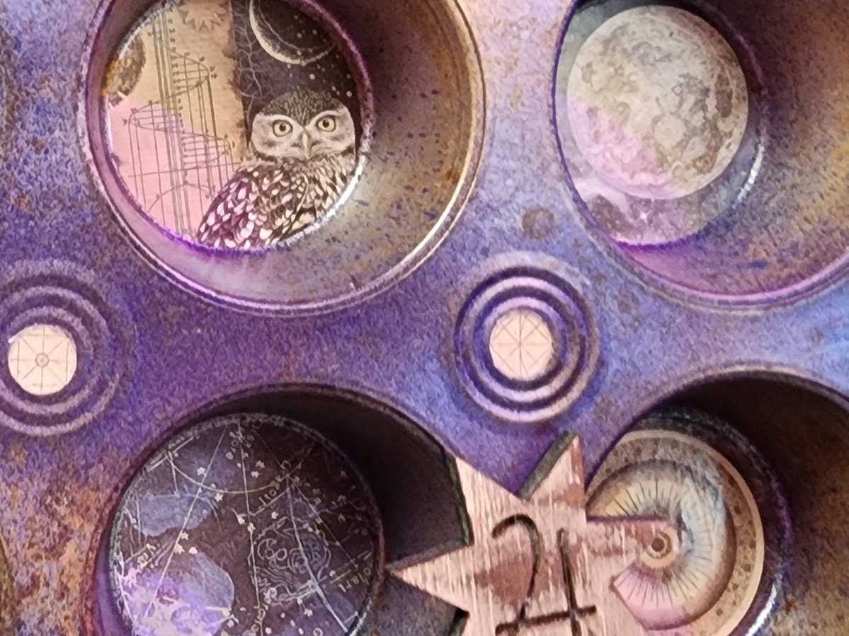 UPCYCLED CUPCAKE TIN Celestial Alchemy Wall or Shelf Decor Features Woodland Creatures | Heavenly Planets Goth Kitchen Witch Aesthetic
