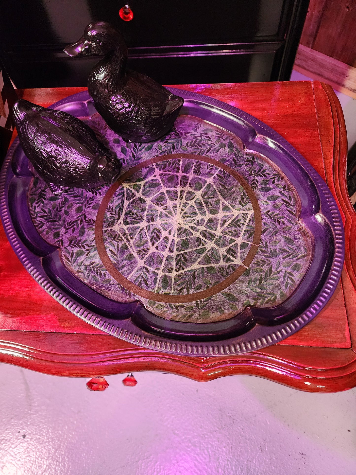 UPCYCLED PURPLE WEB Metal Tray | Trinket Tray | Treasure Display | Forest Witch | Bog Witch | Witchy Decor | Nature Decor | Spiderweb | Goth