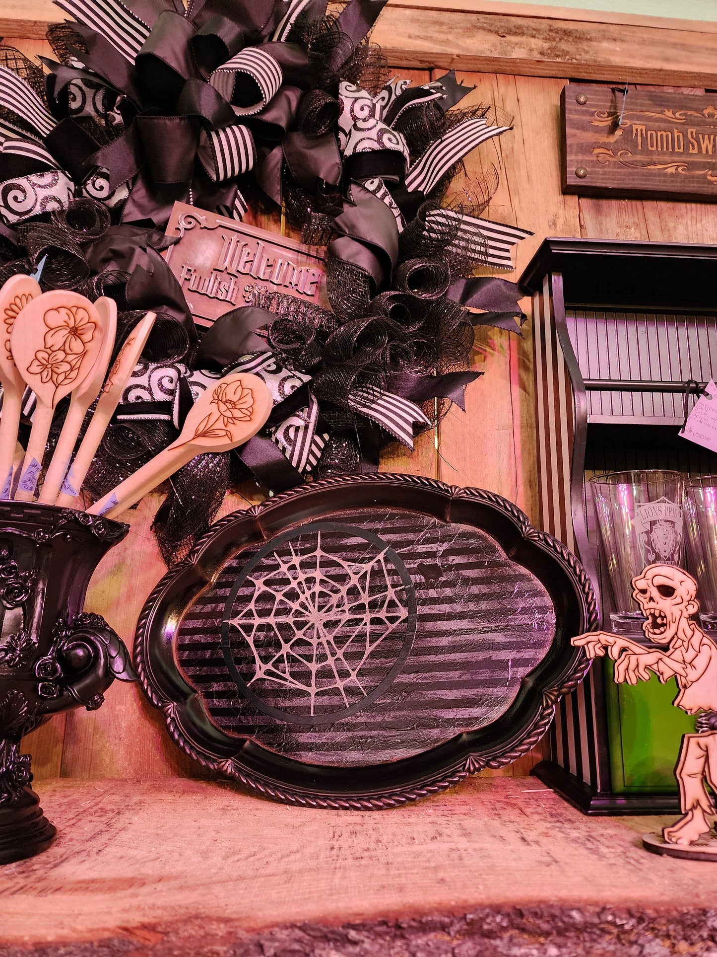UPCYCLED BLACK WEB Metal Tray | Trinket Tray | Treasure Display | Forest Witch | Bog Witch | Witchy Decor | Nature Decor | Spiderweb | Goth