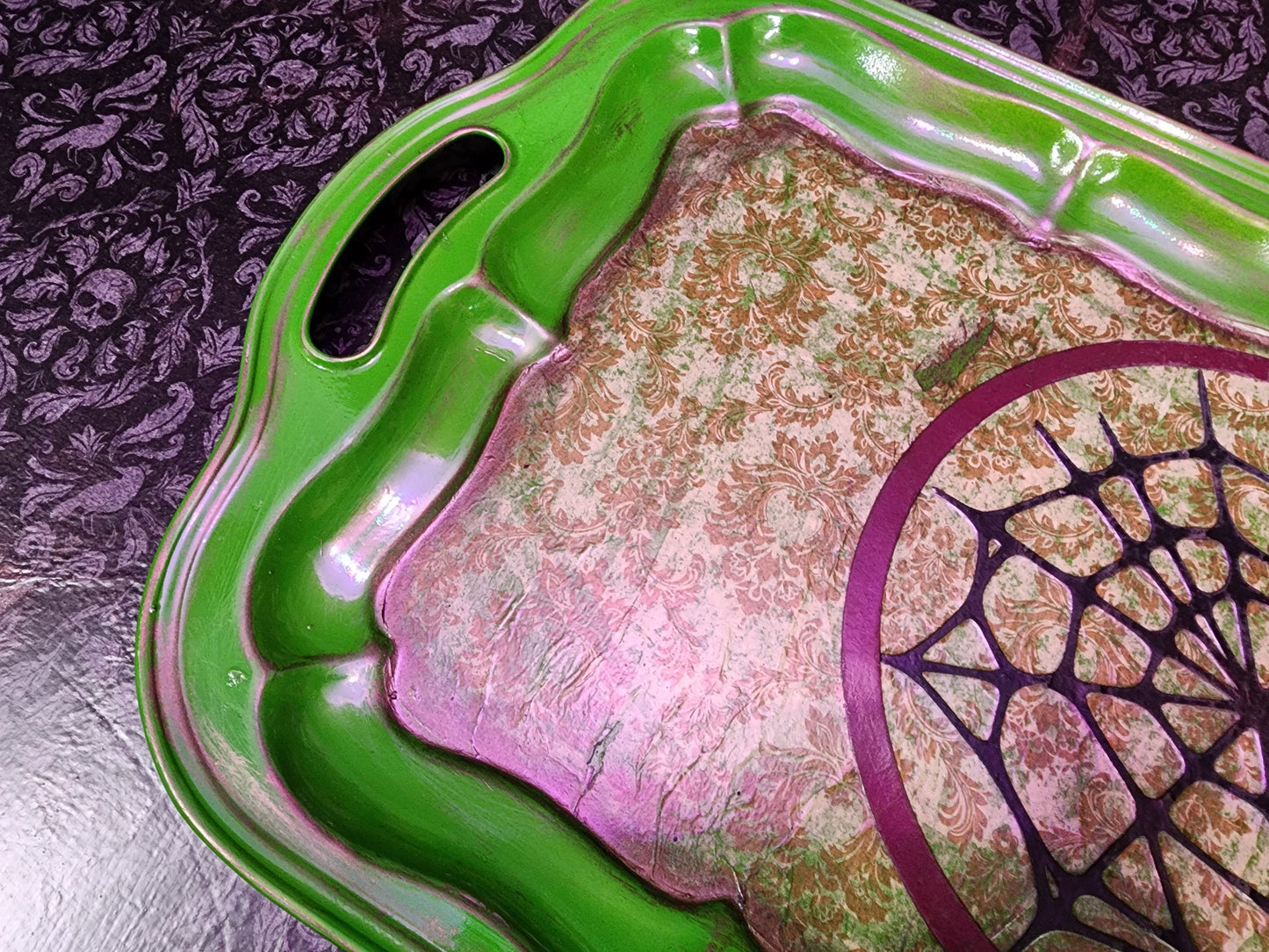 UPCYCLED GREEN WEB Metal Tray | Trinket Tray | Treasure Display | Forest Witch | Bog Witch | Witchy Decor | Nature Decor | Spiderweb | Goth