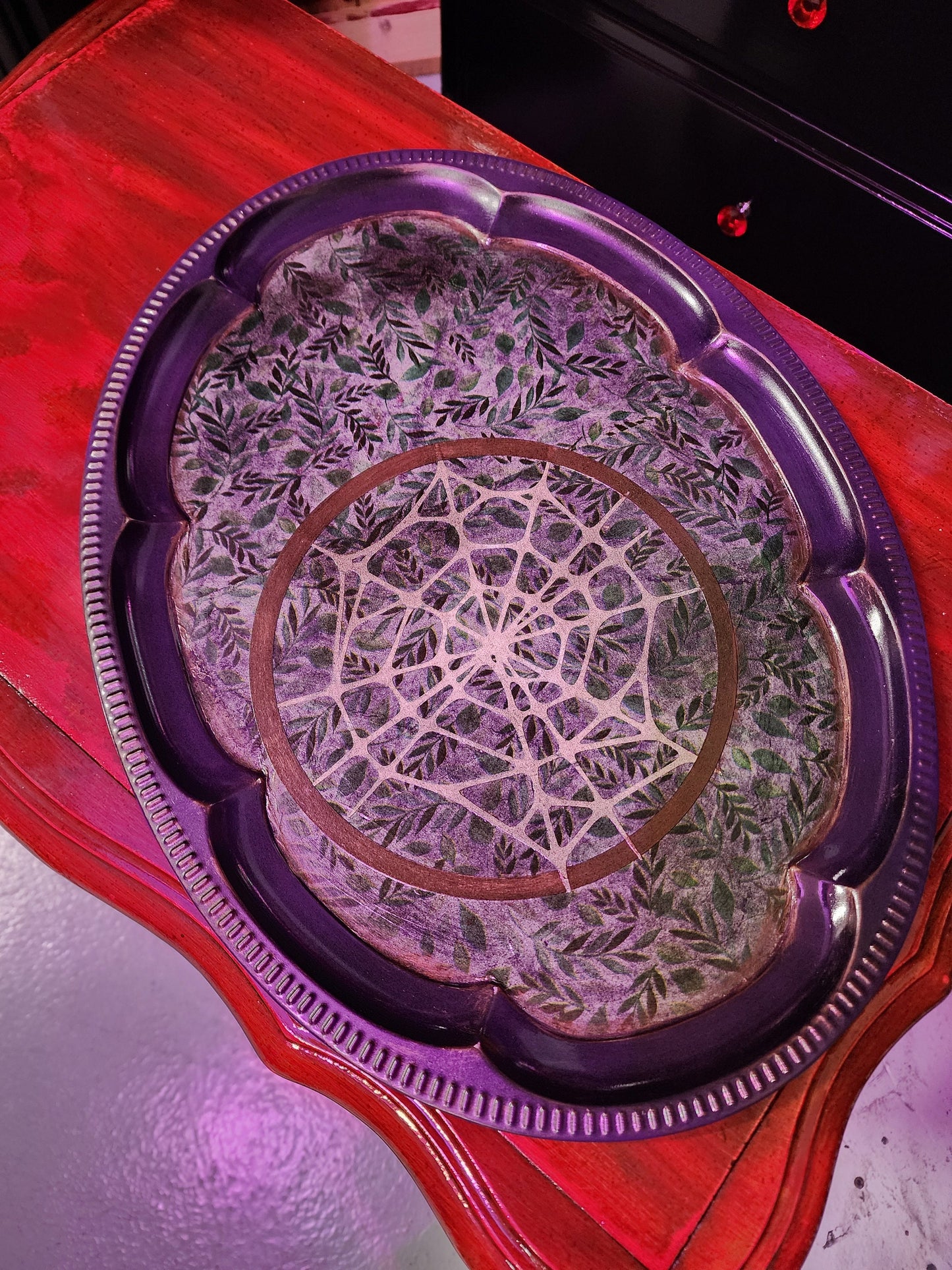 UPCYCLED PURPLE WEB Metal Tray | Trinket Tray | Treasure Display | Forest Witch | Bog Witch | Witchy Decor | Nature Decor | Spiderweb | Goth