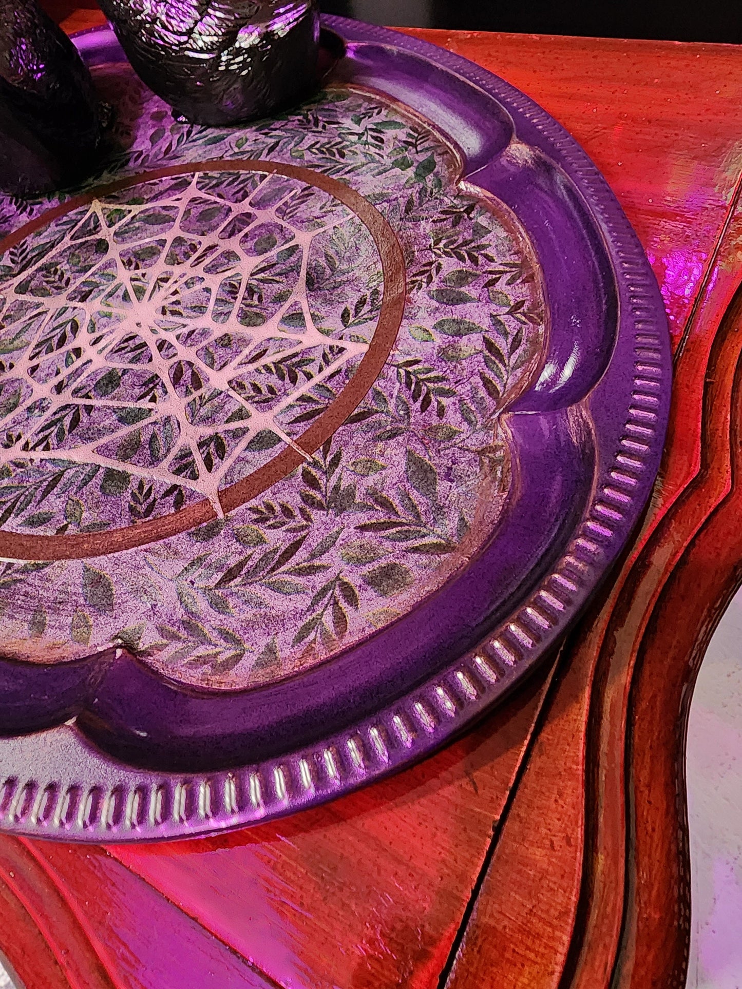 UPCYCLED PURPLE WEB Metal Tray | Trinket Tray | Treasure Display | Forest Witch | Bog Witch | Witchy Decor | Nature Decor | Spiderweb | Goth