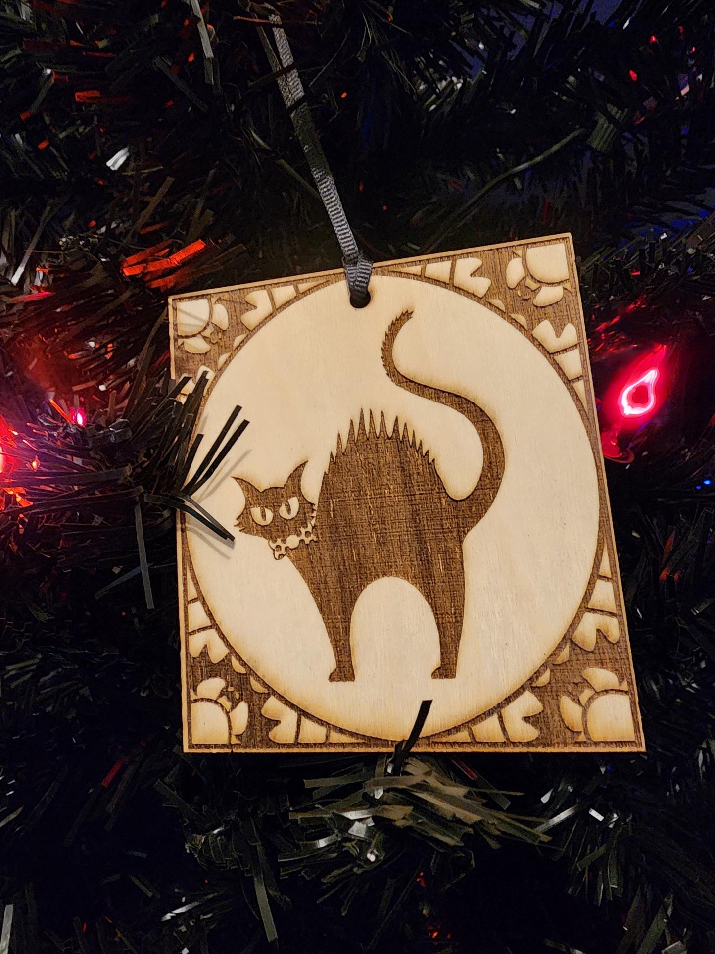 SCAREDY CAT ORNAMENT with bat frame detail | Cat Silhouette with Bats | Spooky Season Tree Decor | Made in Alabama in the United States