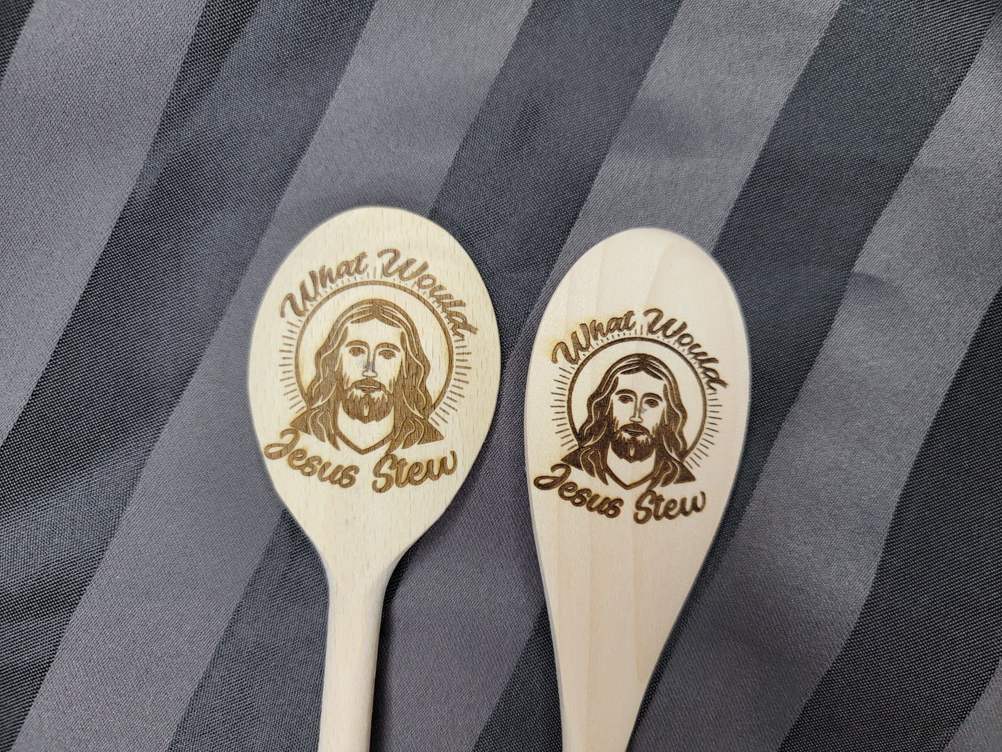 The Original WHAT WOULD JESUS Stew? Wooden Cooking spoon for mixing soup, stew, & brews. Made in the United States of America. Ships fast!