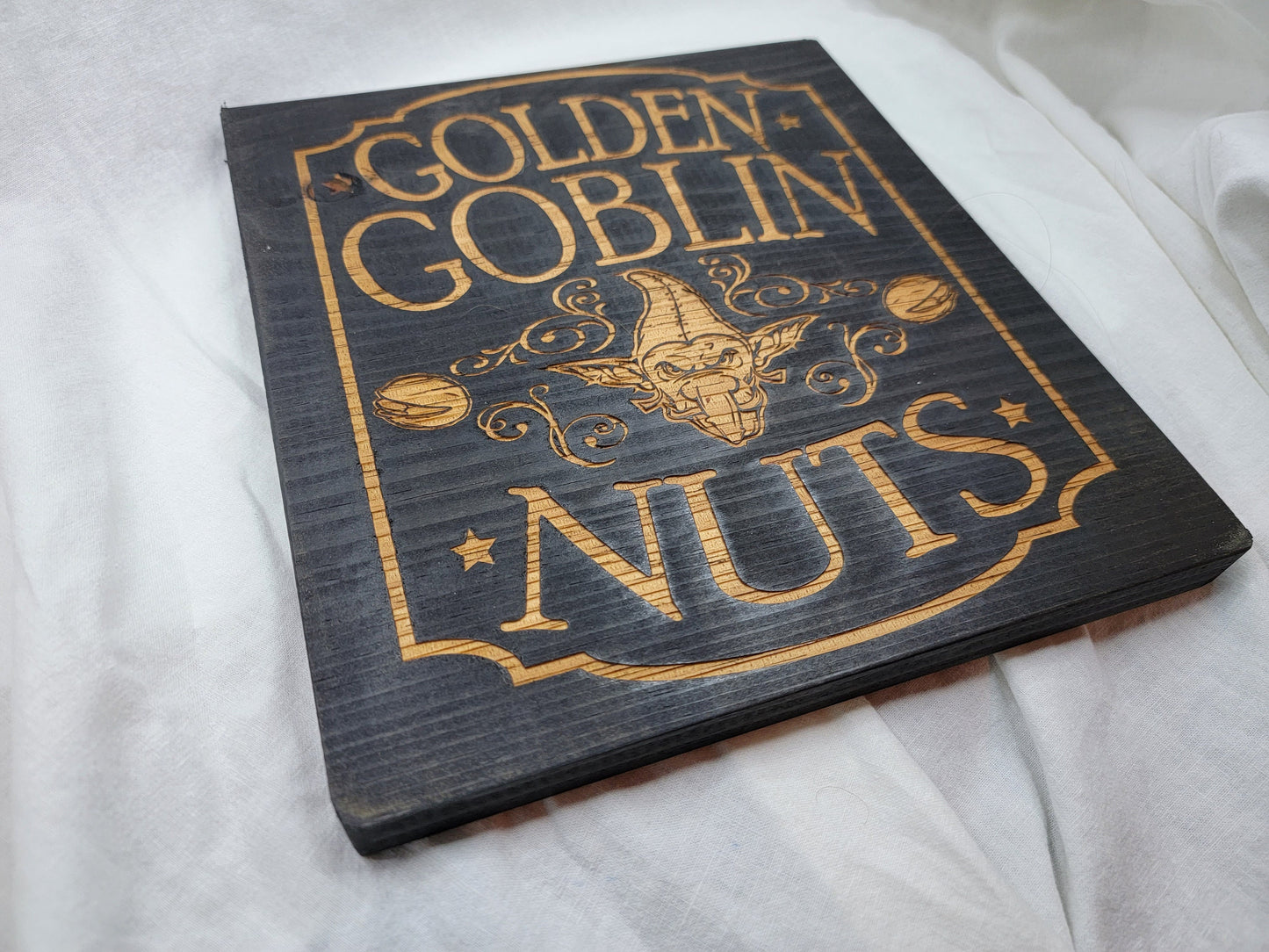 GOLDEN GOBLIN NUTS black stained solid wood wall & shelf decor inspired by Fantasy worlds like Lord of the Rings L.O.T.R. The Hobbit