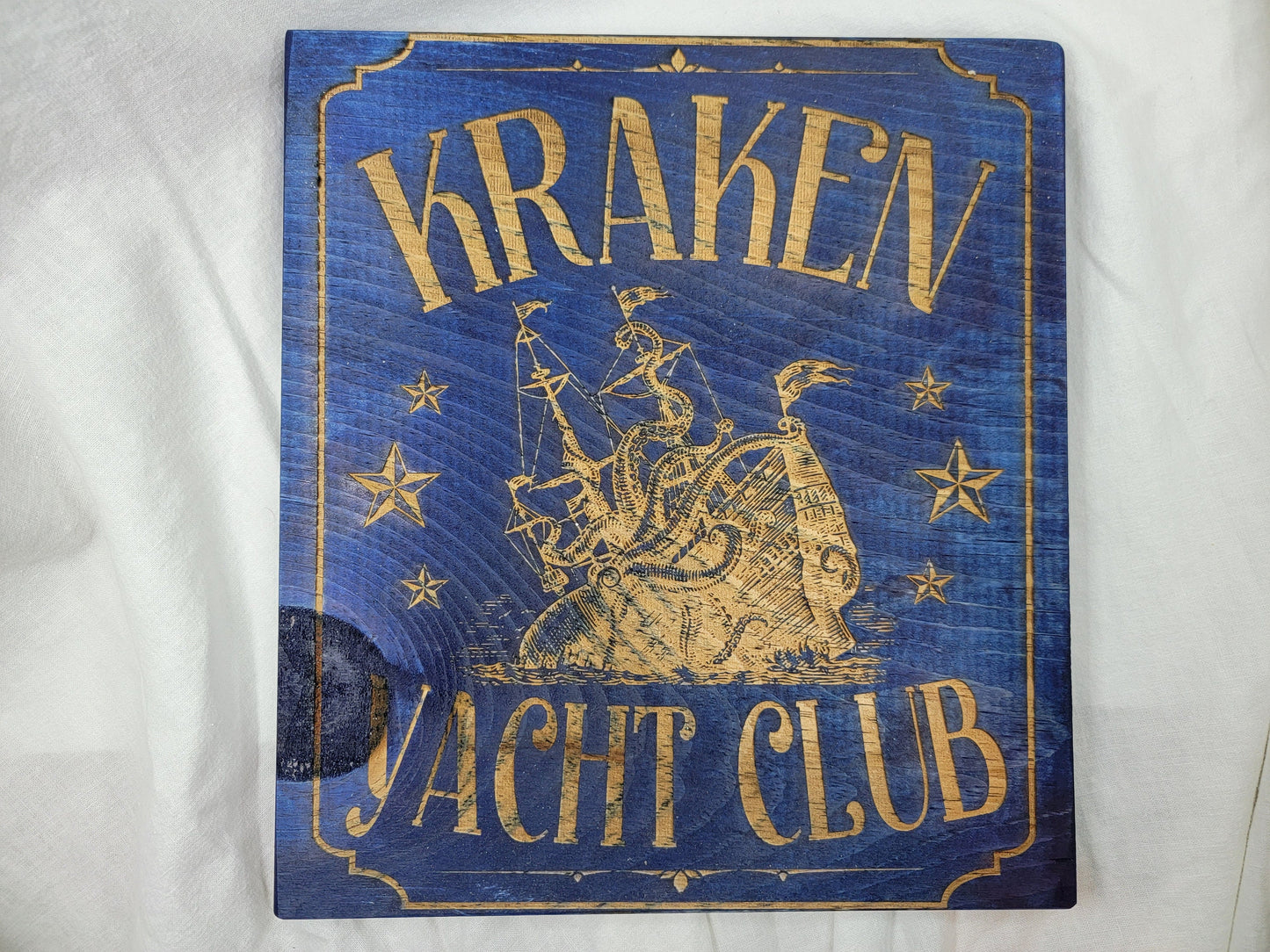 KRAKEN YACHT CLUB blue stained solid wood wall & shelf decor inspired by Scandinavian folklore display this nautical themed plaque proudly