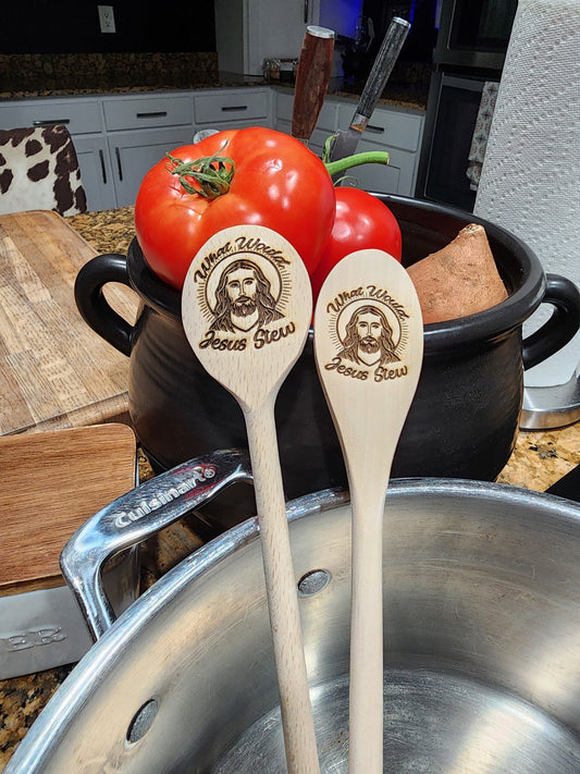 The Original WHAT WOULD JESUS Stew? Wooden Cooking spoon for mixing soup, stew, & brews. Made in the United States of America. Ships fast!