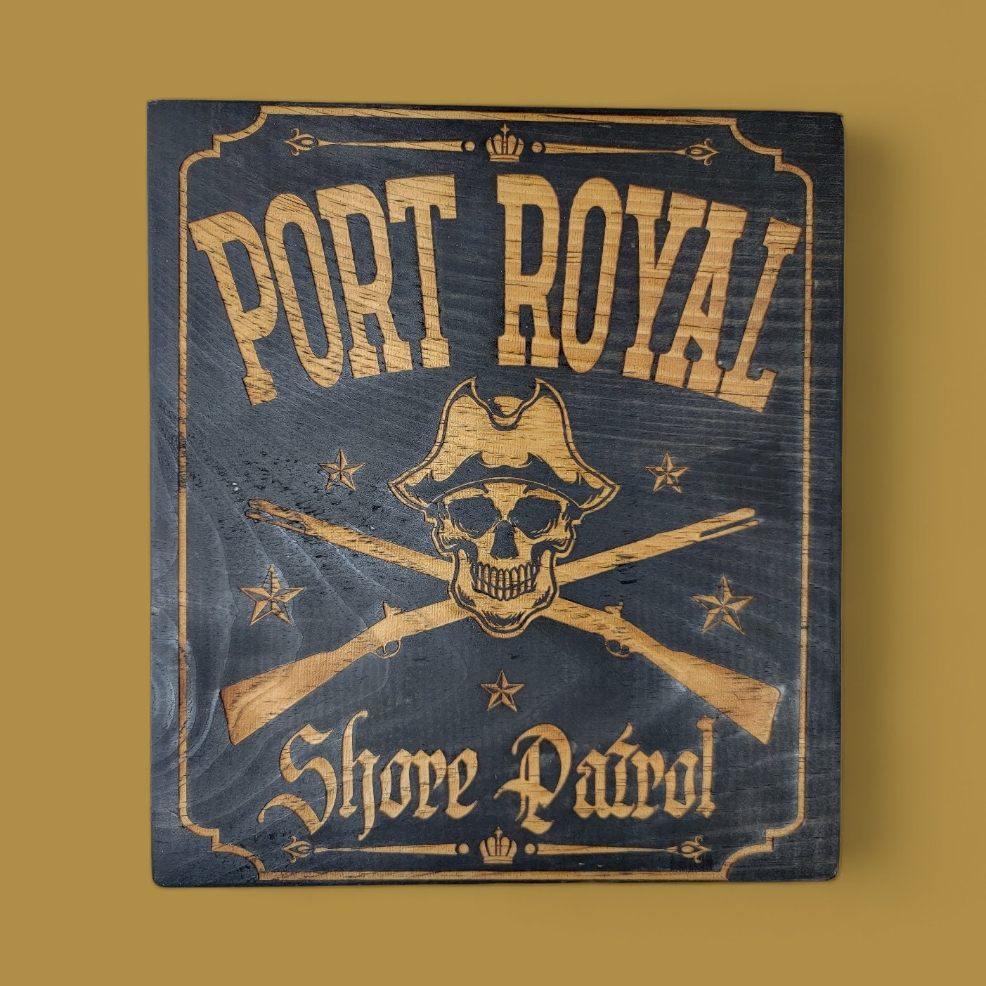 PORT ROYAL Shore PATROL black stained solid wood wall & shelf decor inspired by the once great Jamaican city home of Privateers and Pirates